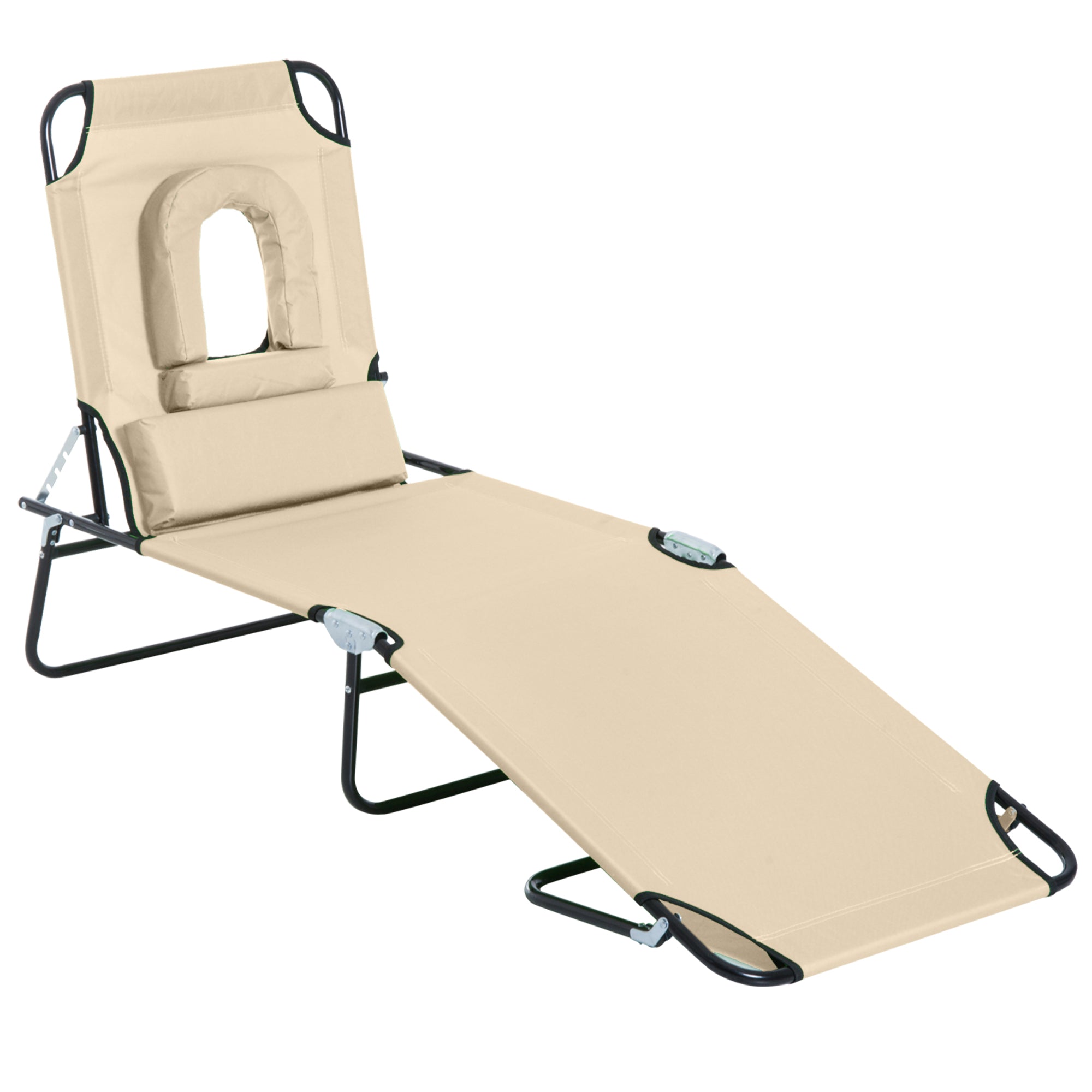 Outsunny Adjustable Outdoor Lounge Chair, Garden Folding Chaise Lounge w/ Reading Hole Reclining Tanning Chair Seat, Folding Camping Beach Lounging Bed with Support Pillow, Beige