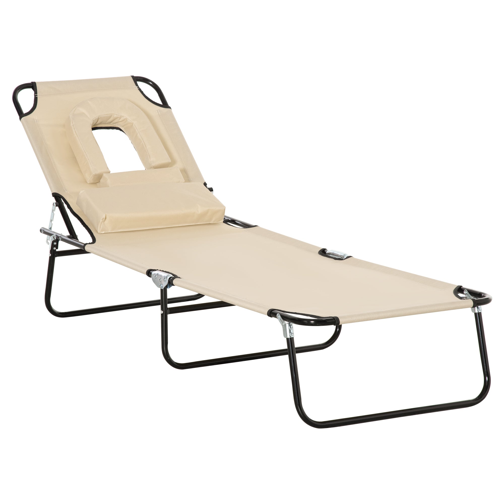 Outsunny Adjustable Outdoor Lounge Chair, Garden Folding Chaise Lounge w/ Reading Hole Reclining Tanning Chair Seat, Folding Camping Beach Lounging Bed with Support Pillow, Beige