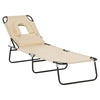 Outsunny Adjustable Outdoor Lounge Chair, Garden Folding Chaise Lounge w/ Reading Hole Reclining Tanning Chair Seat, Folding Camping Beach Lounging Bed with Support Pillow, Beige