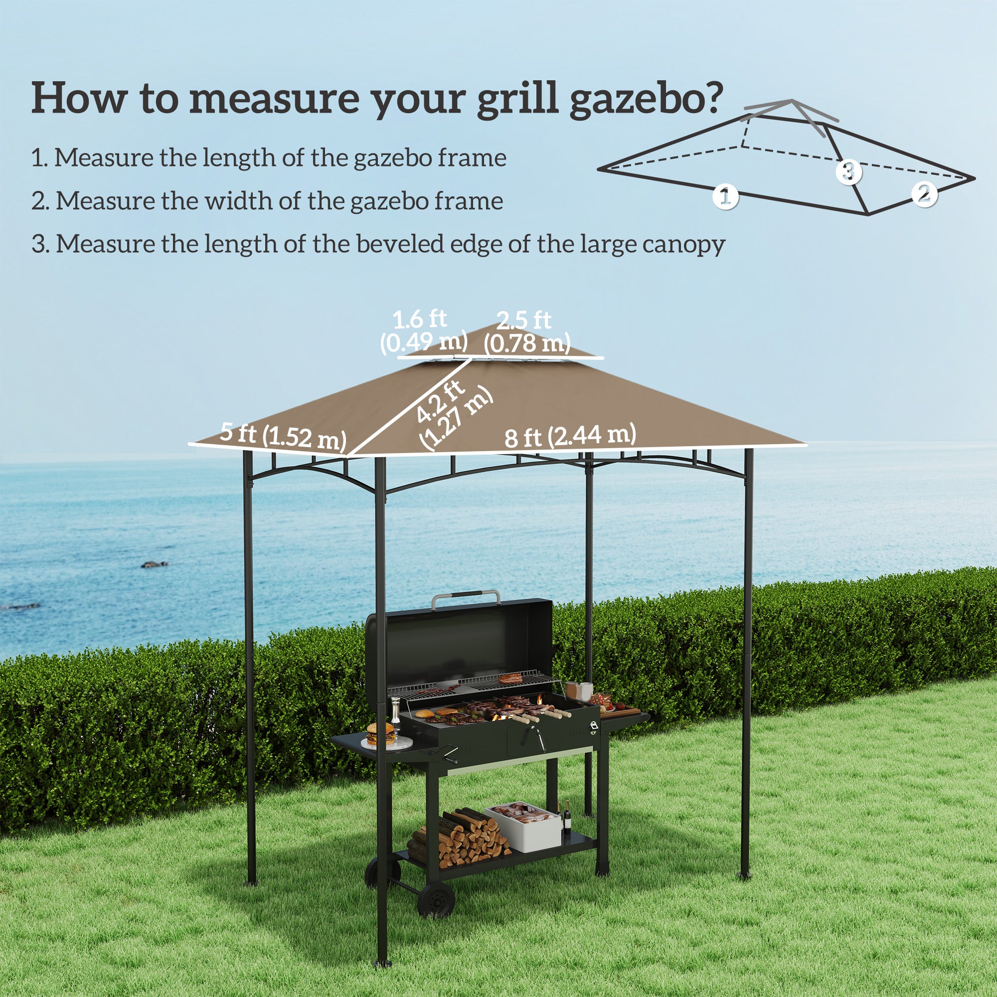 Outsunny BBQ Canopy Replacement Roof, UPF50+ Protected, 5' x 8' BBQ Gazebo Canopy Cover, Double Tiered Grill Gazebo Replacement Canopy, TOP COVER ONLY, Khaki