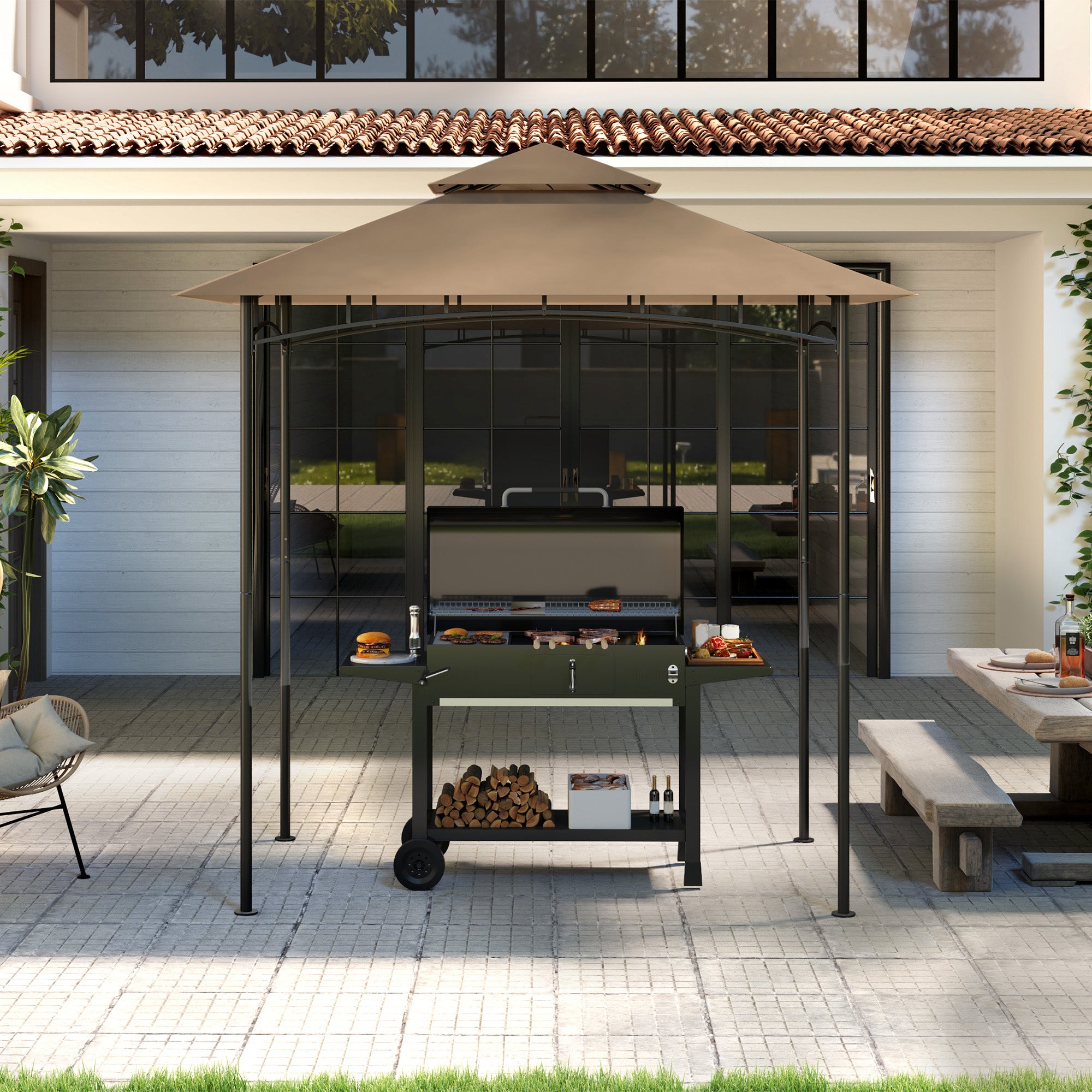 Outsunny BBQ Canopy Replacement Roof, UPF50+ Protected, 5' x 8' BBQ Gazebo Canopy Cover, Double Tiered Grill Gazebo Replacement Canopy, TOP COVER ONLY, Khaki