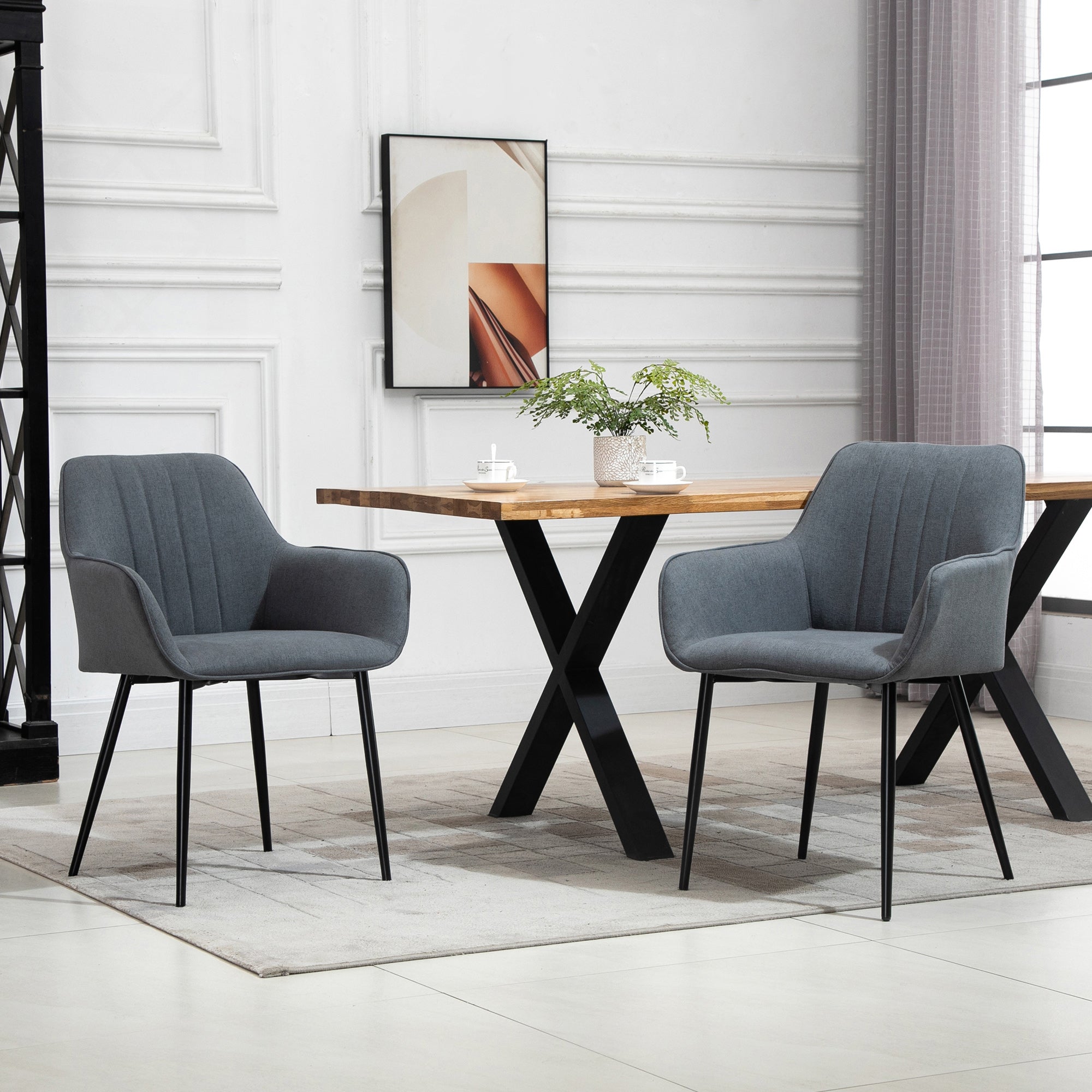 HOMCOM Dining Chairs Set of 2, Upholstered Kitchen Chairs, Linen Fabric Accent Arm Chairs with Metal Legs, Dark Grey