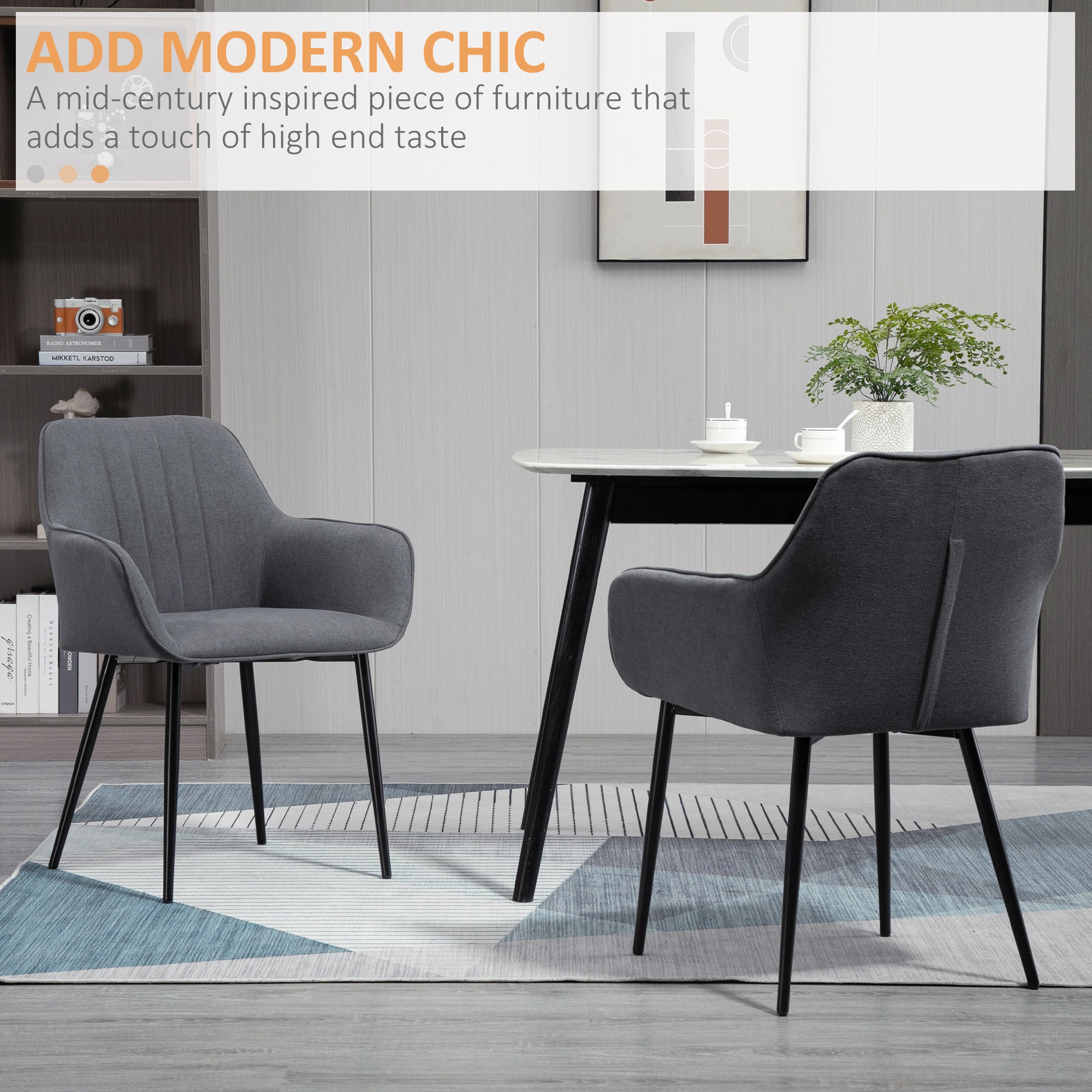 HOMCOM Dining Chairs Set of 2, Upholstered Kitchen Chairs, Linen Fabric Accent Arm Chairs with Metal Legs, Dark Grey