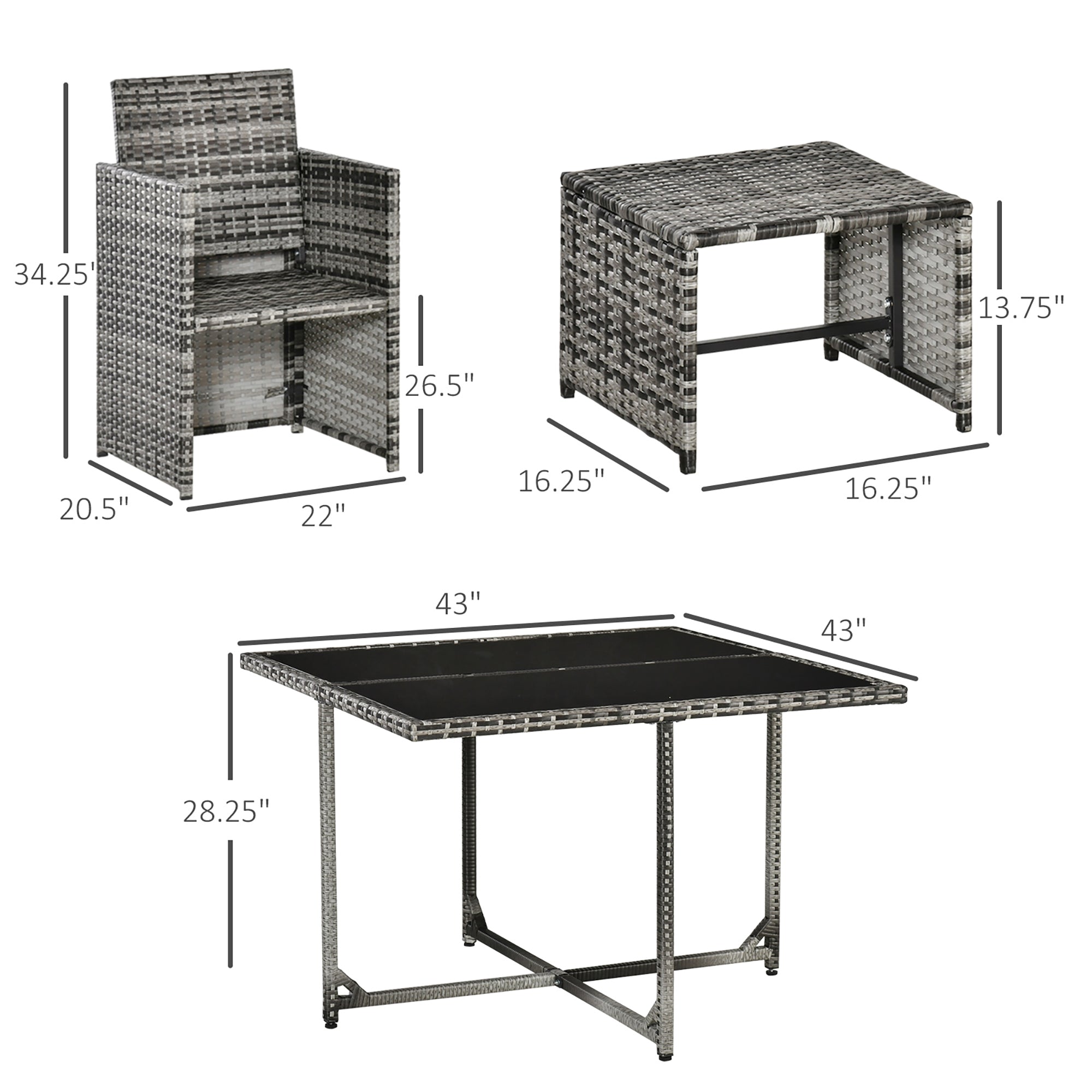 Outsunny 9 Pieces Wicker Patio Dining Set Outdoor Furniture Set with Removable Cushions, Glass Top Dining Table, Ottomans, PE Rattan Conversation Set for Garden Poolside, Grey