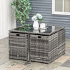 Outsunny 9 Pieces Wicker Patio Dining Set Outdoor Furniture Set with Removable Cushions, Glass Top Dining Table, Ottomans, PE Rattan Conversation Set for Garden Poolside, Grey