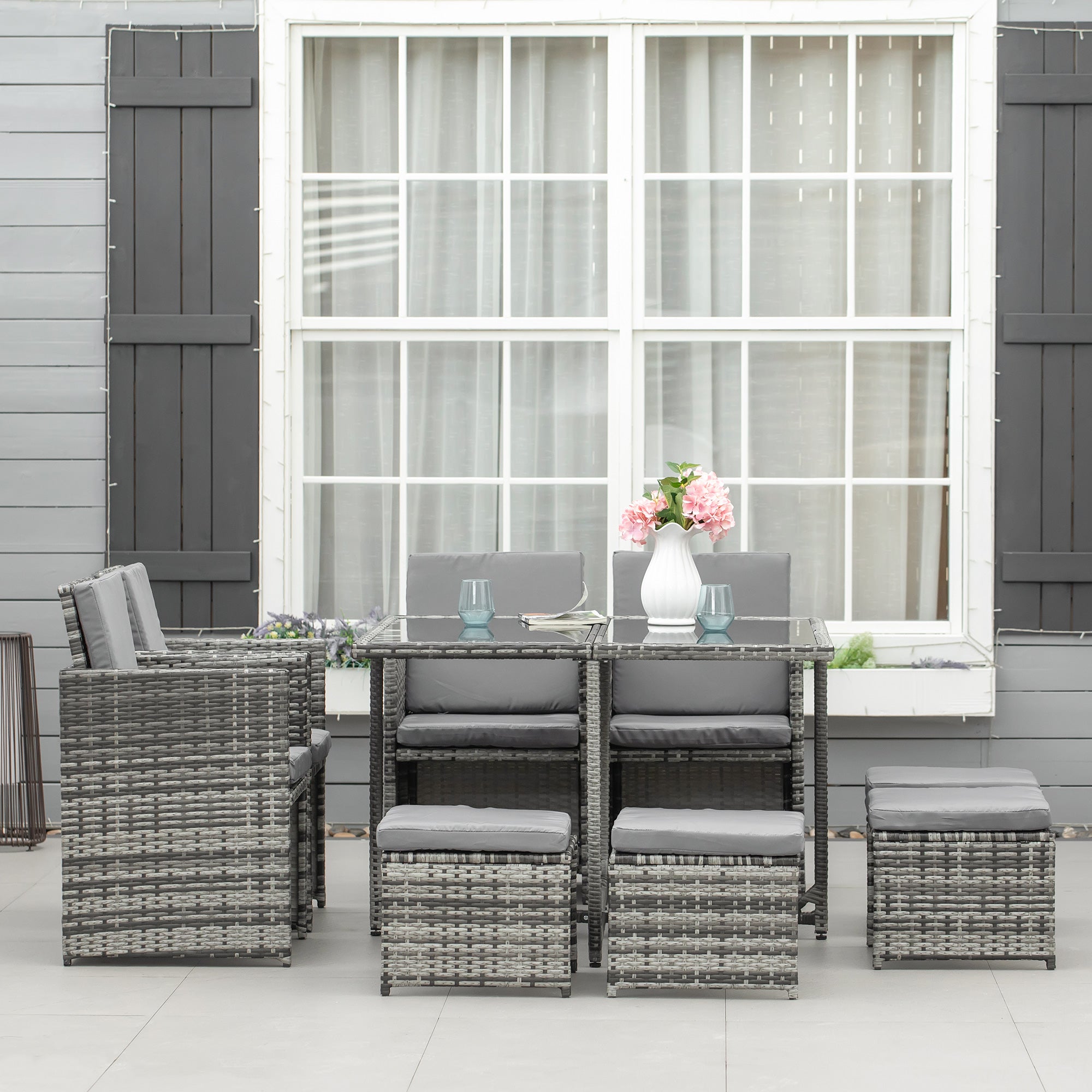Outsunny 9 Pieces Wicker Patio Dining Set Outdoor Furniture Set with Removable Cushions, Glass Top Dining Table, Ottomans, PE Rattan Conversation Set for Garden Poolside, Grey