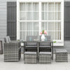 Outsunny 9 Pieces Wicker Patio Dining Set Outdoor Furniture Set with Removable Cushions, Glass Top Dining Table, Ottomans, PE Rattan Conversation Set for Garden Poolside, Grey