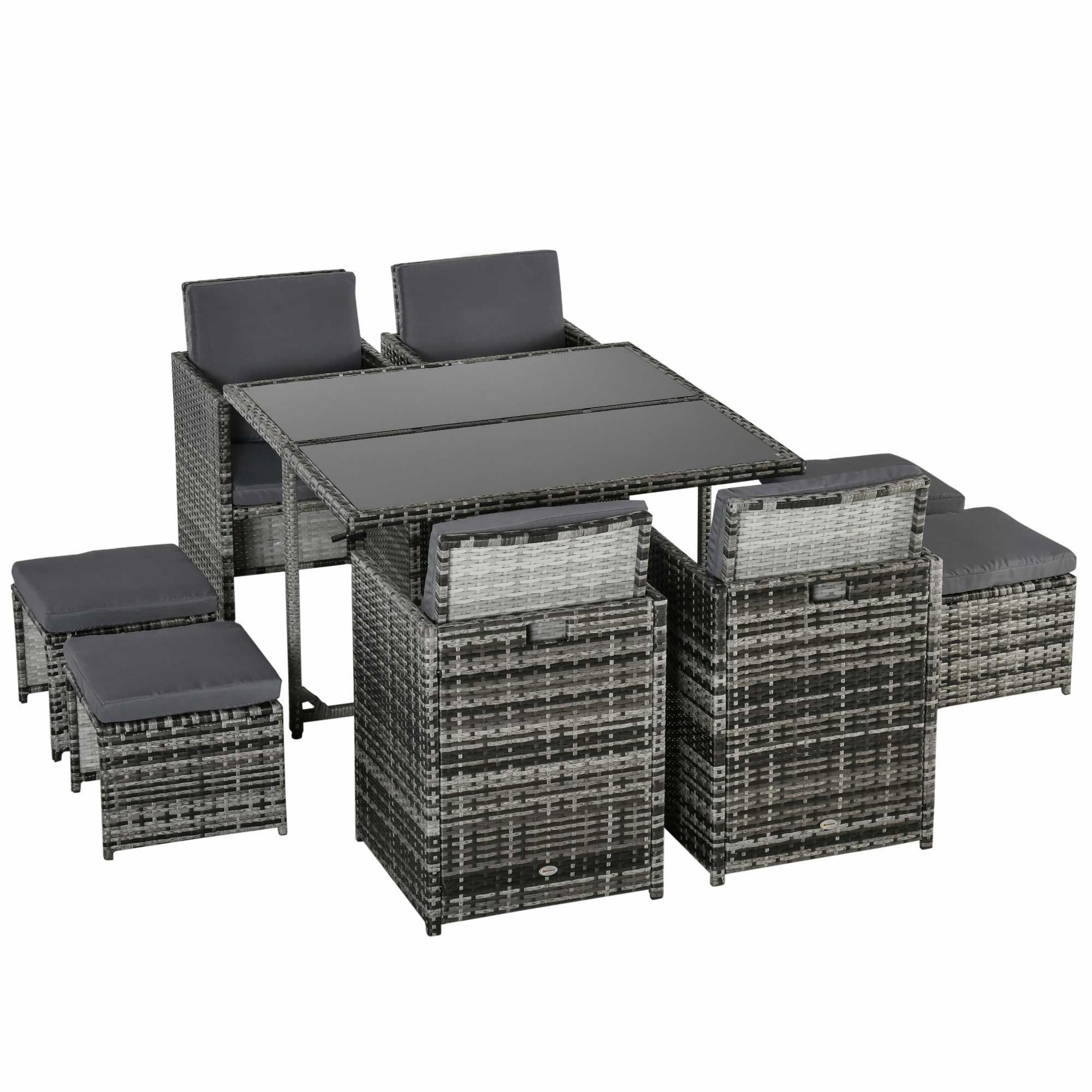 Outsunny 9 Pieces Wicker Patio Dining Set Outdoor Furniture Set with Removable Cushions, Glass Top Dining Table, Ottomans, PE Rattan Conversation Set for Garden Poolside, Grey