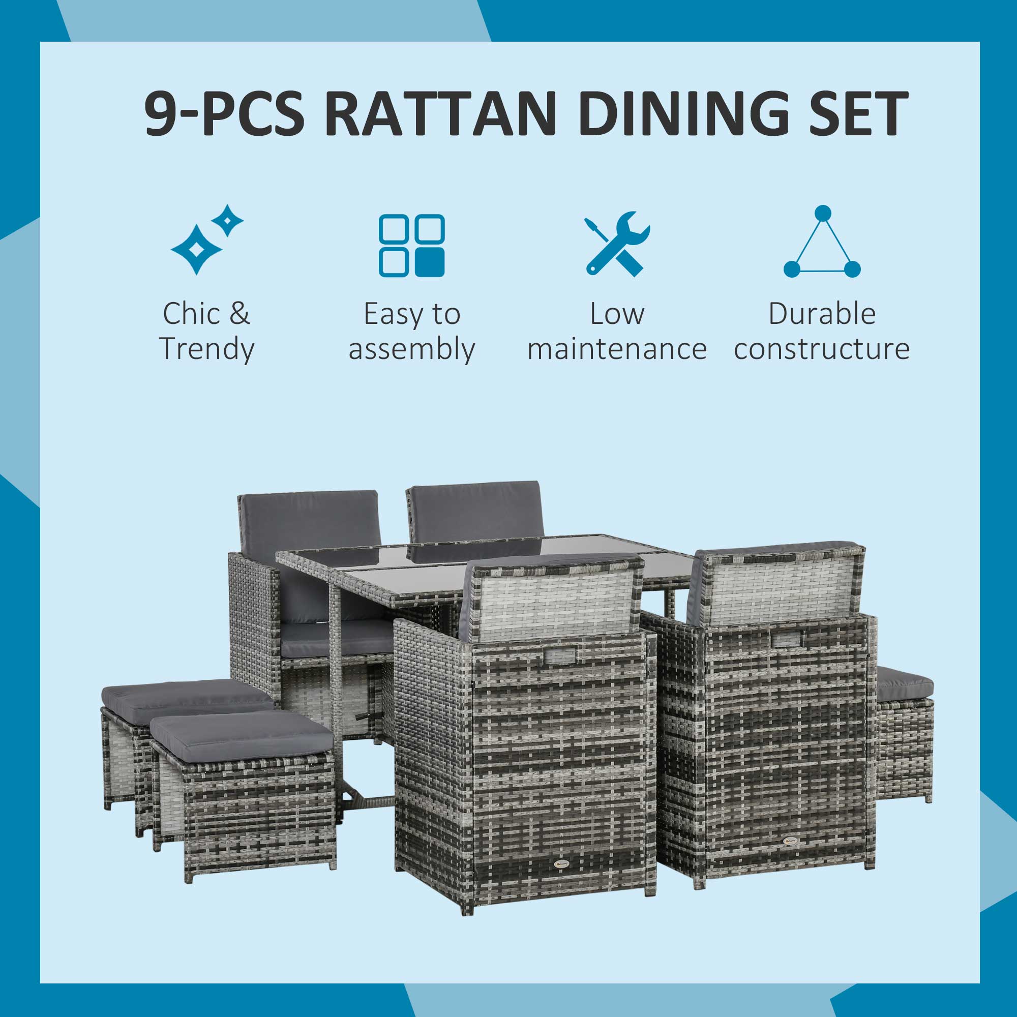 Outsunny 9 Pieces Wicker Patio Dining Set Outdoor Furniture Set with Removable Cushions, Glass Top Dining Table, Ottomans, PE Rattan Conversation Set for Garden Poolside, Grey