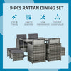 Outsunny 9 Pieces Wicker Patio Dining Set Outdoor Furniture Set with Removable Cushions, Glass Top Dining Table, Ottomans, PE Rattan Conversation Set for Garden Poolside, Grey