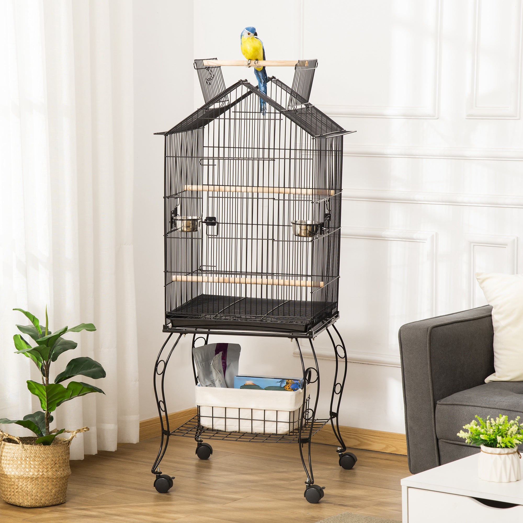 PawHut Bird Cage 57 Inch Flight Cage for Cockatiel, Conure with Rolling Stand, Pull Out Tray, Storage Shelf, Open Top, 0.75" Bar Spacing