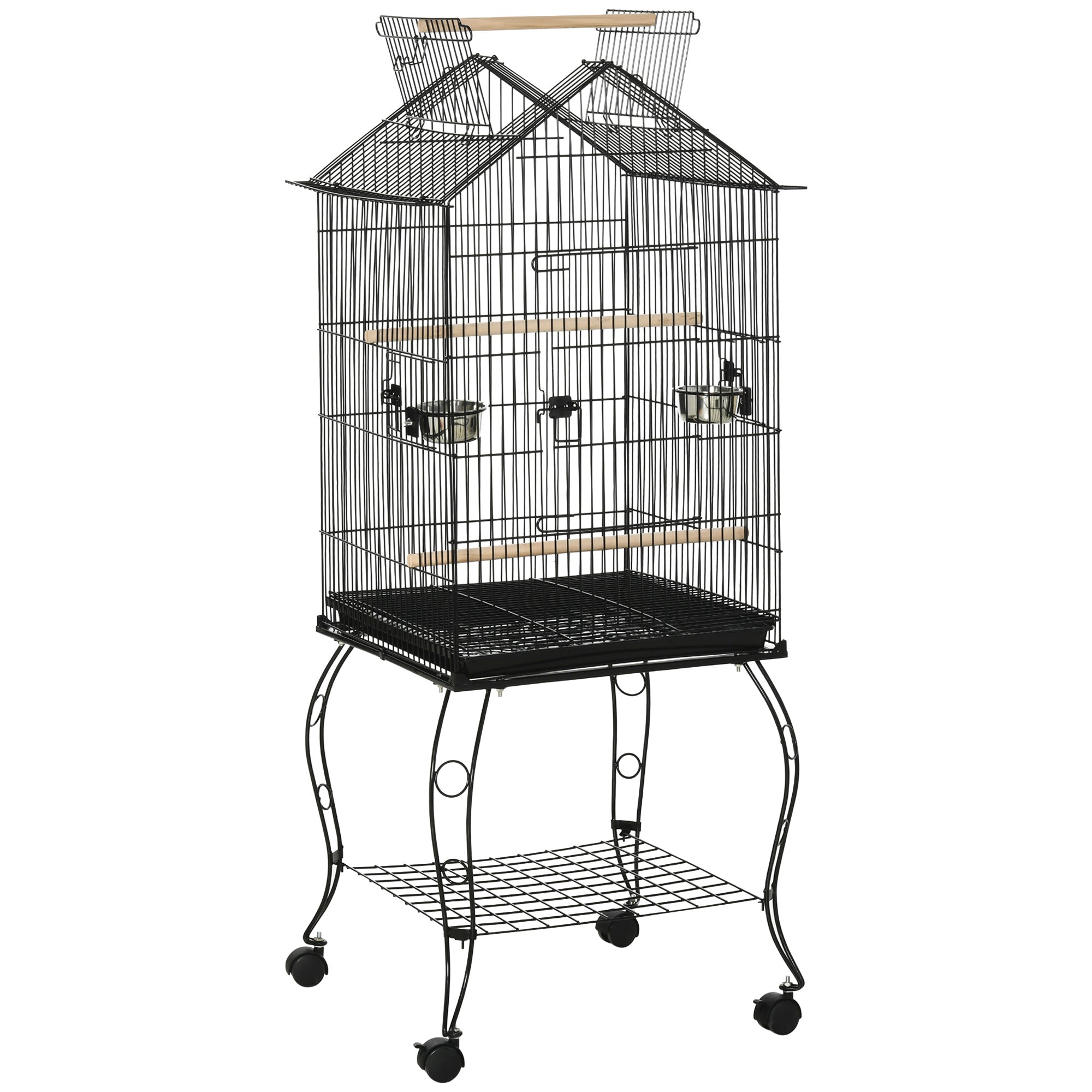 PawHut Bird Cage 57 Inch Flight Cage for Cockatiel, Conure with Rolling Stand, Pull Out Tray, Storage Shelf, Open Top, 0.75" Bar Spacing