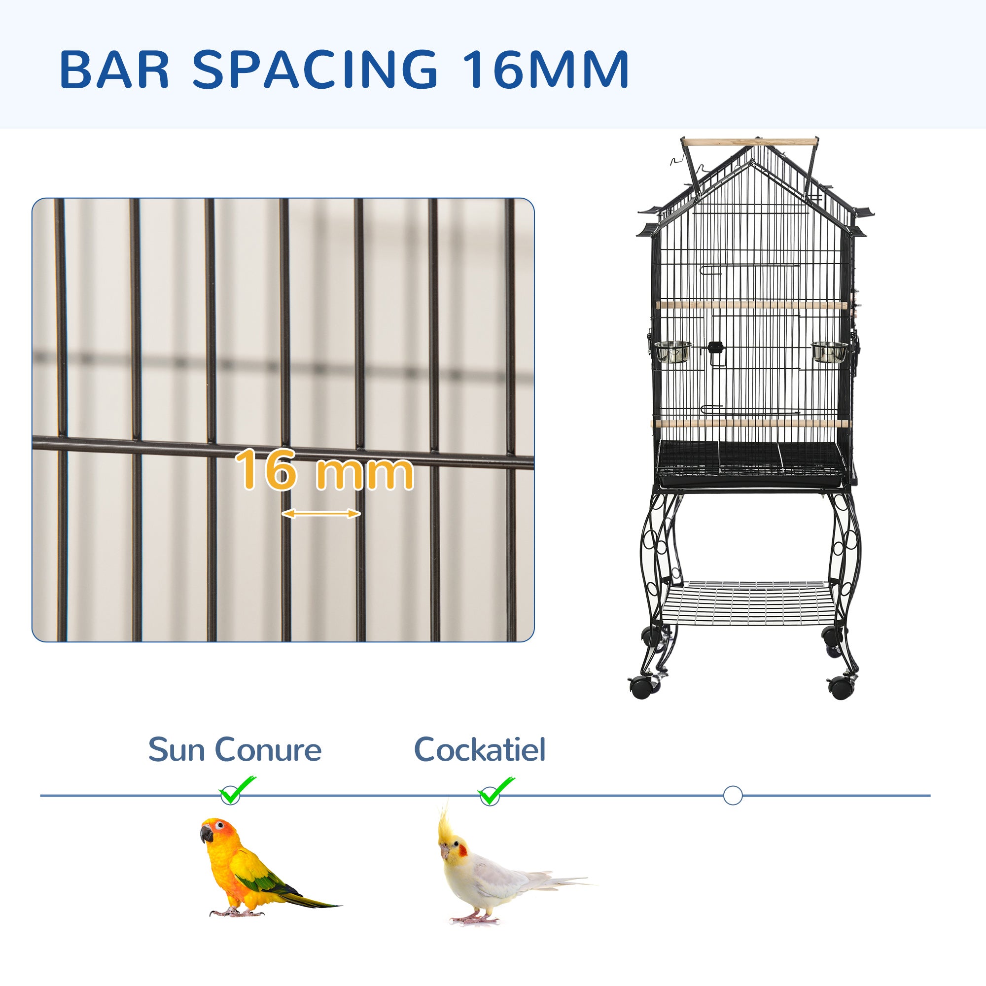 PawHut Bird Cage 57 Inch Flight Cage for Cockatiel, Conure with Rolling Stand, Pull Out Tray, Storage Shelf, Open Top, 0.75" Bar Spacing