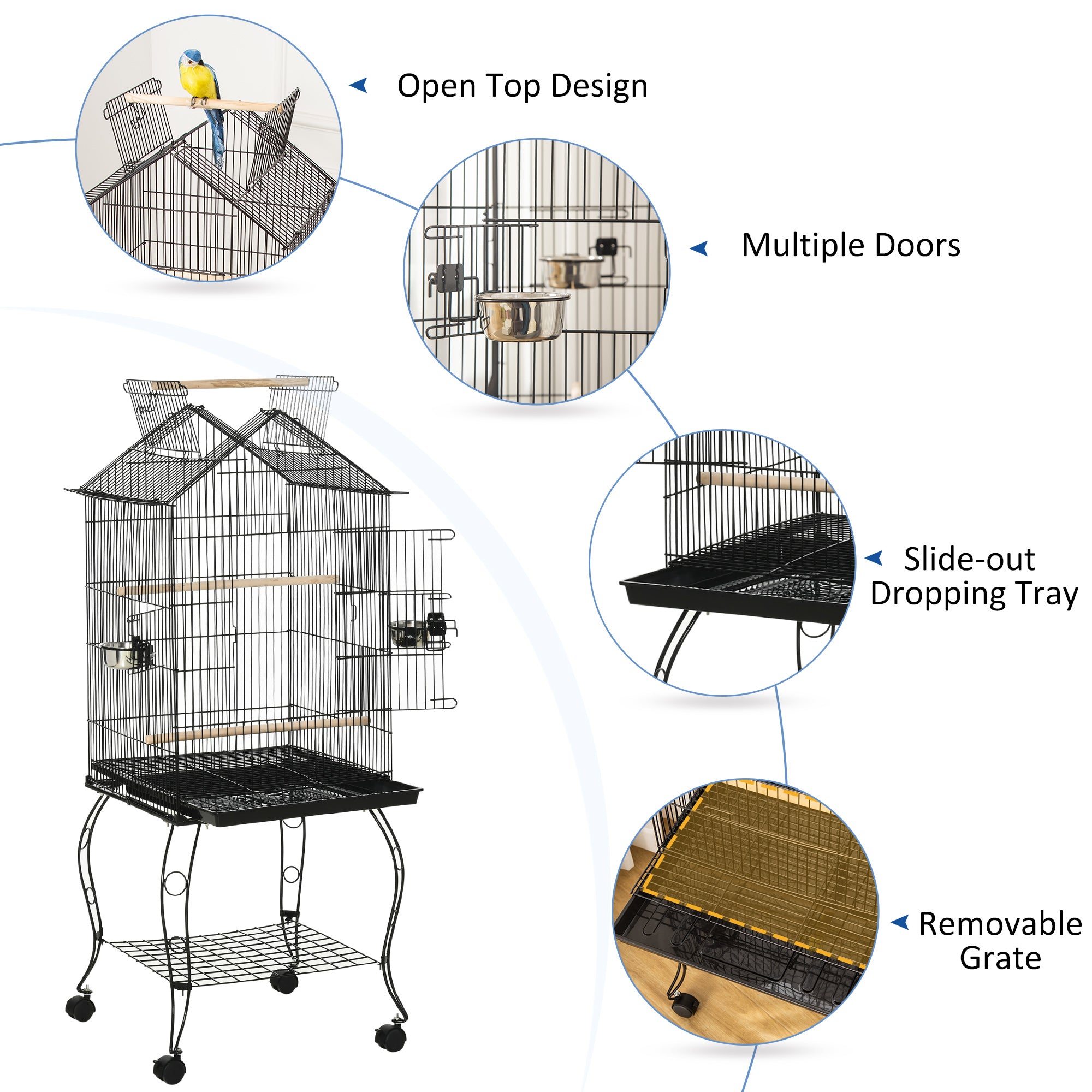 PawHut Bird Cage 57 Inch Flight Cage for Cockatiel, Conure with Rolling Stand, Pull Out Tray, Storage Shelf, Open Top, 0.75" Bar Spacing