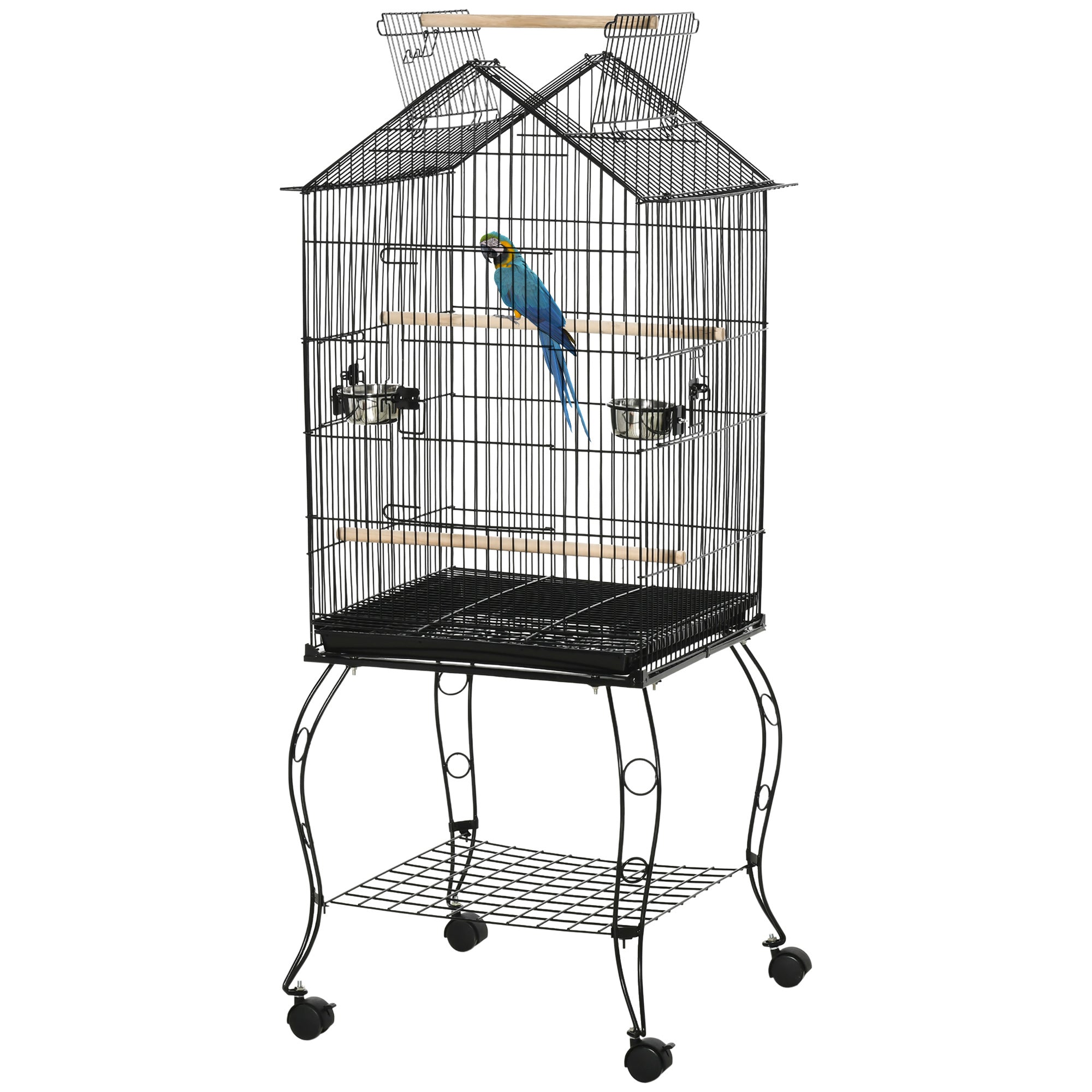 PawHut Bird Cage 57 Inch Flight Cage for Cockatiel, Conure with Rolling Stand, Pull Out Tray, Storage Shelf, Open Top, 0.75" Bar Spacing