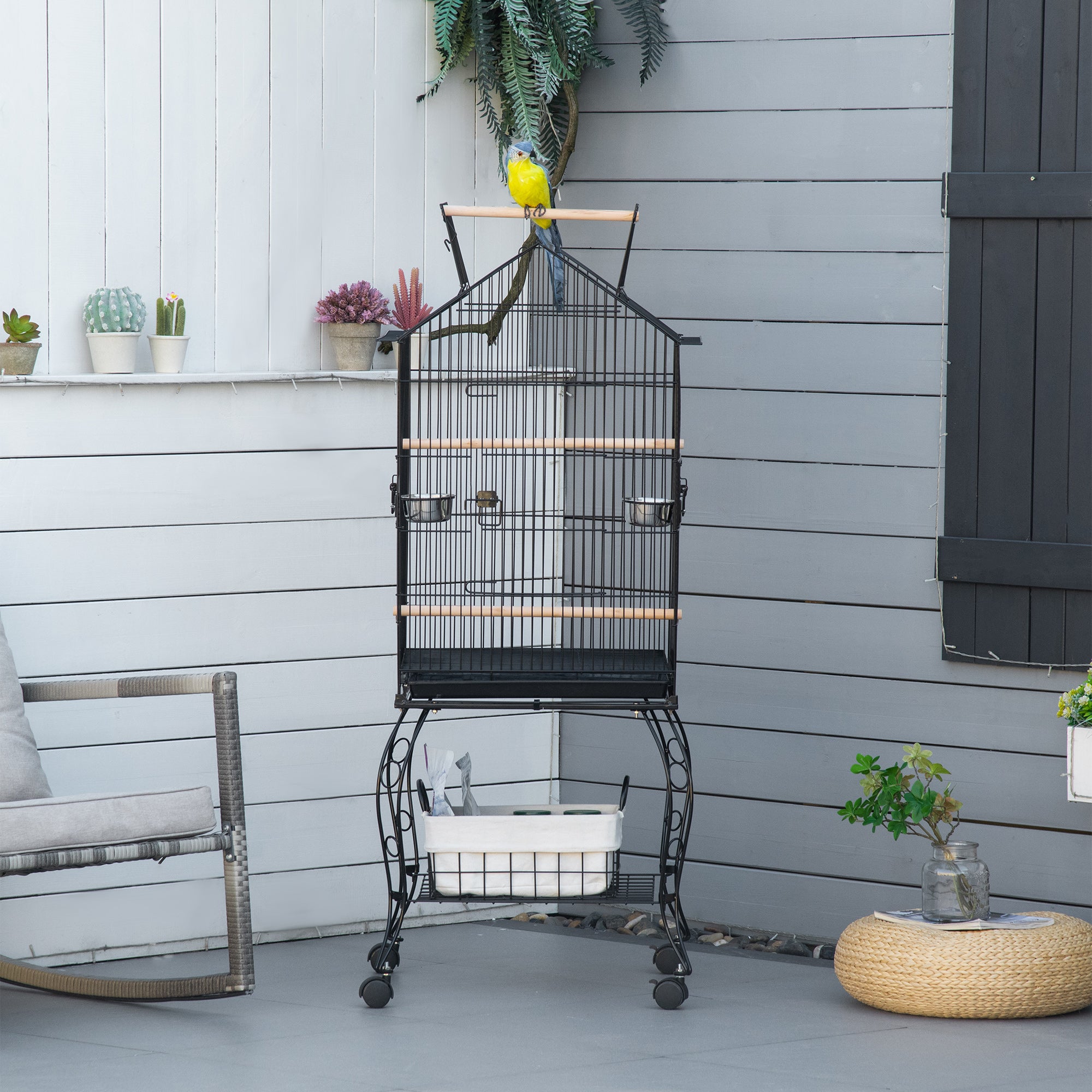 PawHut Bird Cage 57 Inch Flight Cage for Cockatiel, Conure with Rolling Stand, Pull Out Tray, Storage Shelf, Open Top, 0.75