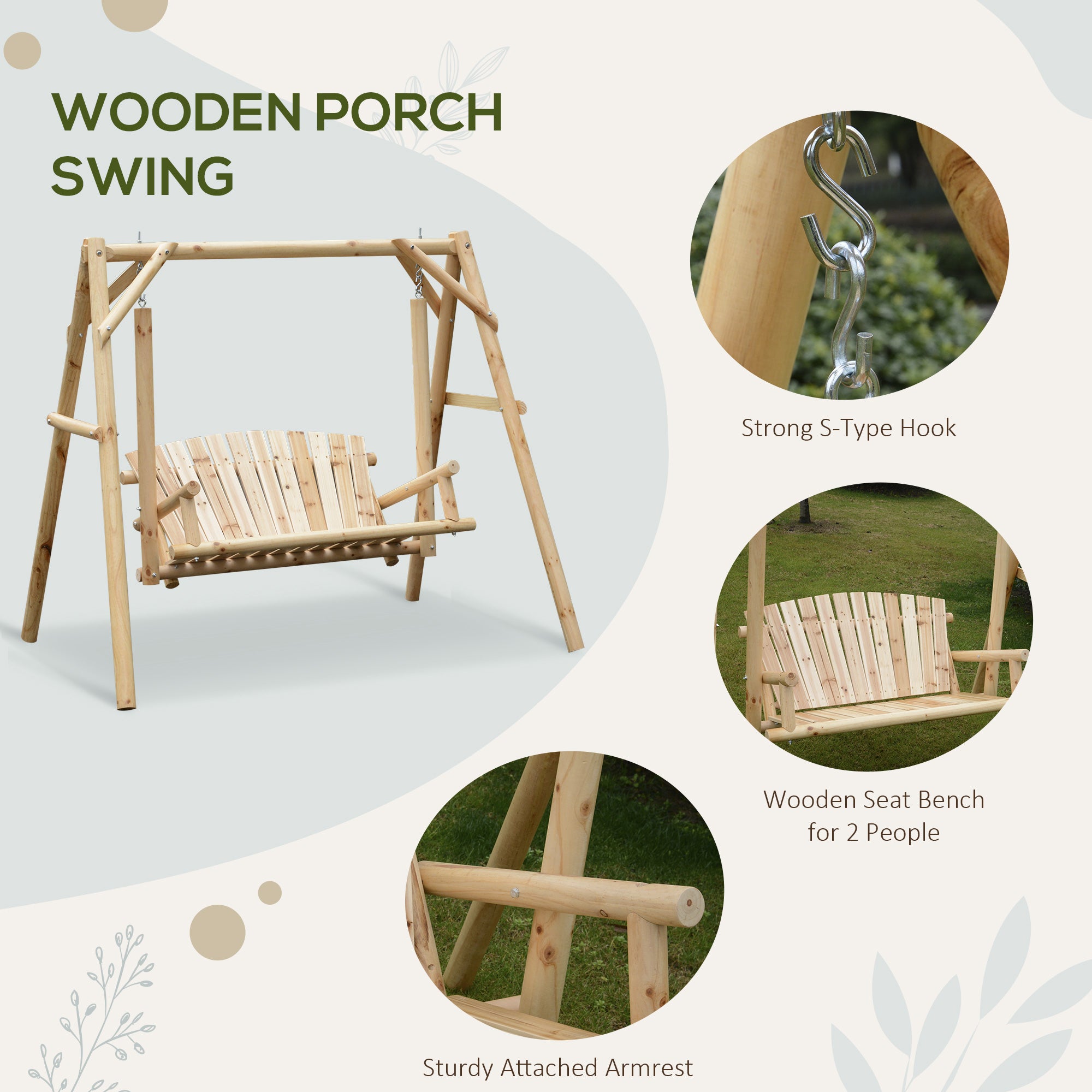 Outsunny Wood Porch Swing with Stand, 2-Person Patio Swing Bench with Wide Backrest, 660lbs Capacity for Garden, Poolside, Backyard, Natural Wood