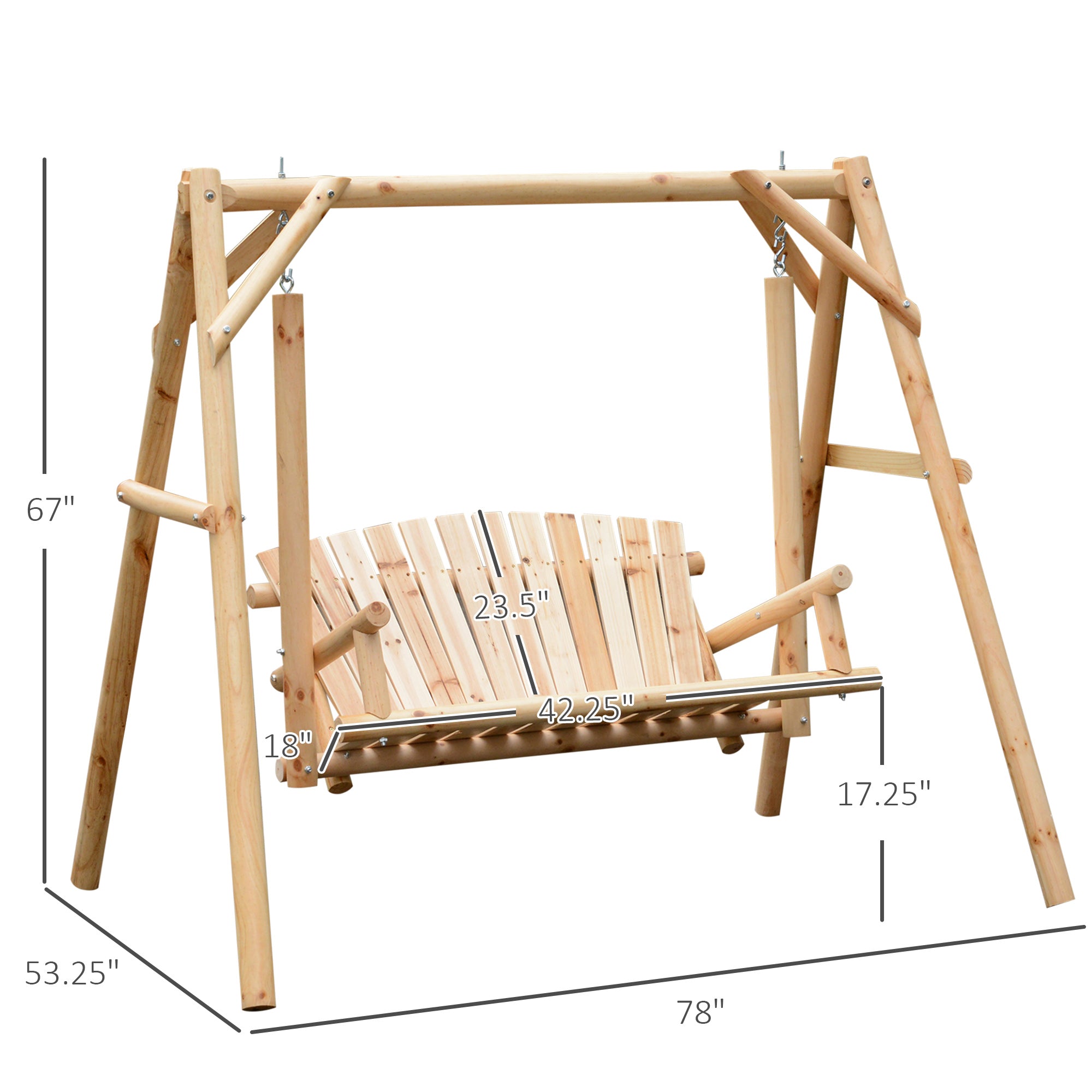 Outsunny Wood Porch Swing with Stand, 2-Person Patio Swing Bench with Wide Backrest, 660lbs Capacity for Garden, Poolside, Backyard, Natural Wood