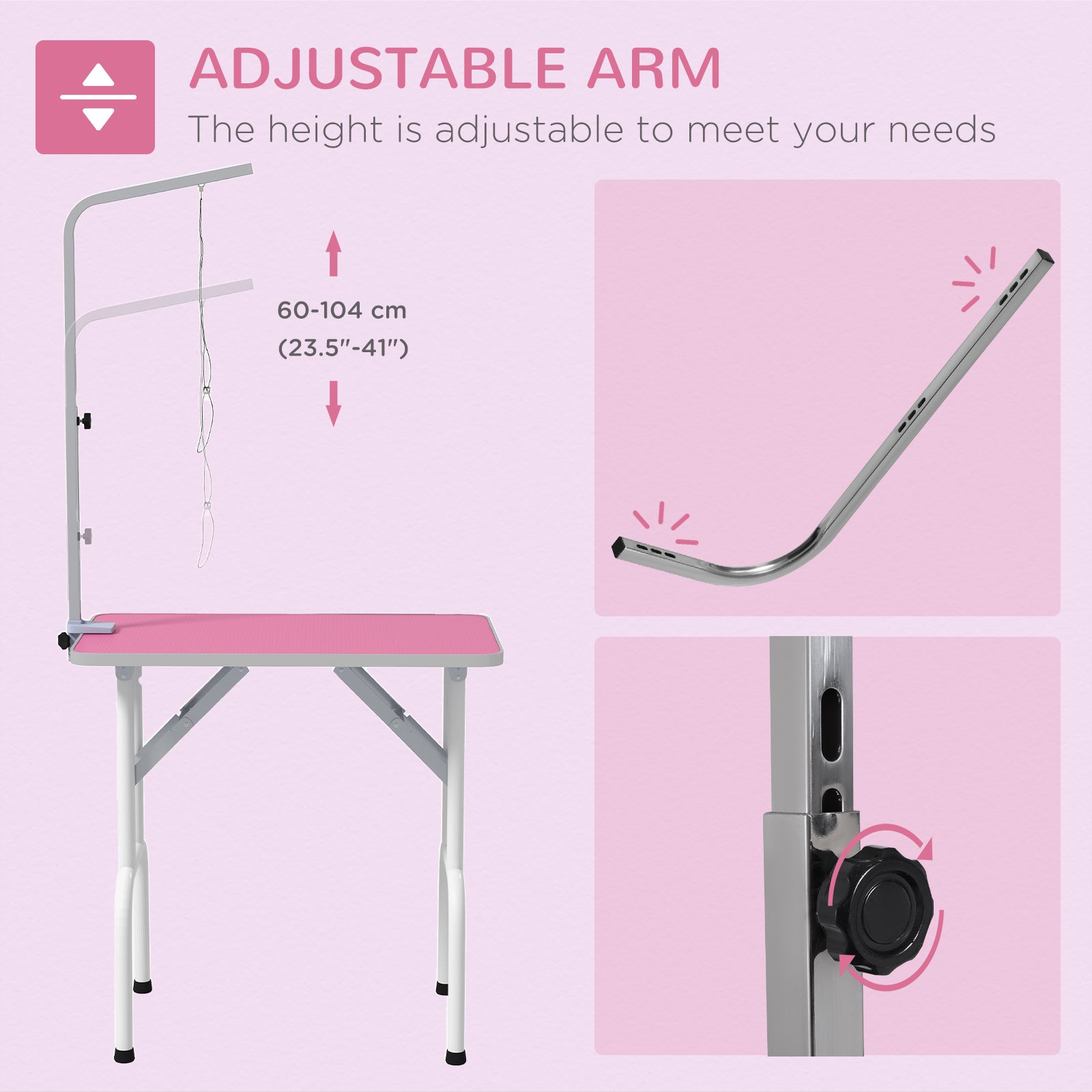 PawHut 32in Foldable Dog Grooming Table for Small Dogs, Pet Grooming Table for Dogs Cats with Adjustable Arm, Non-Slip Surface, Pink