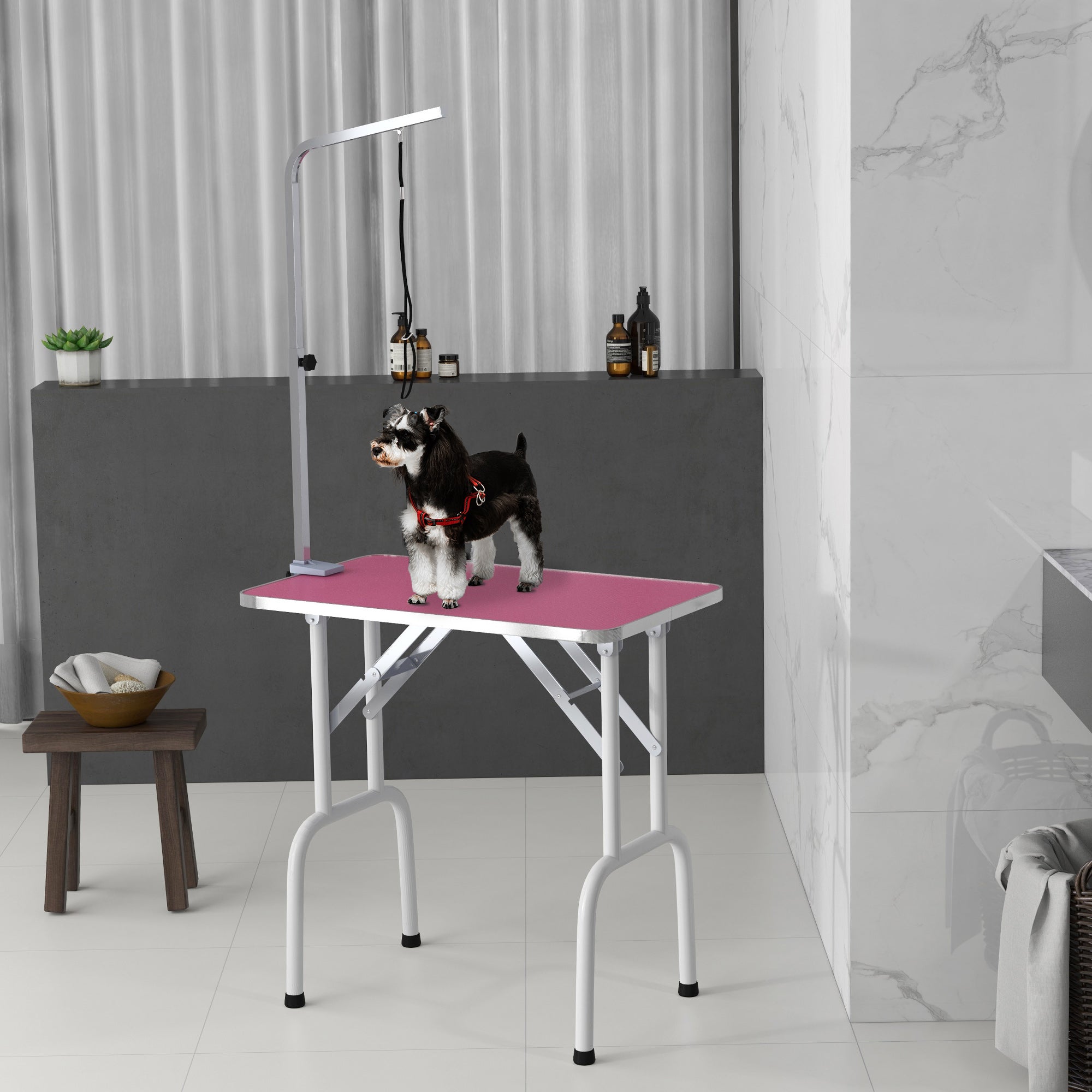 PawHut 32in Foldable Dog Grooming Table for Small Dogs, Pet Grooming Table for Dogs Cats with Adjustable Arm, Non-Slip Surface, Pink