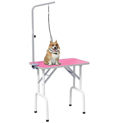 PawHut 32in Foldable Dog Grooming Table for Small Dogs, Pet Grooming Table for Dogs Cats with Adjustable Arm, Non-Slip Surface, Pink