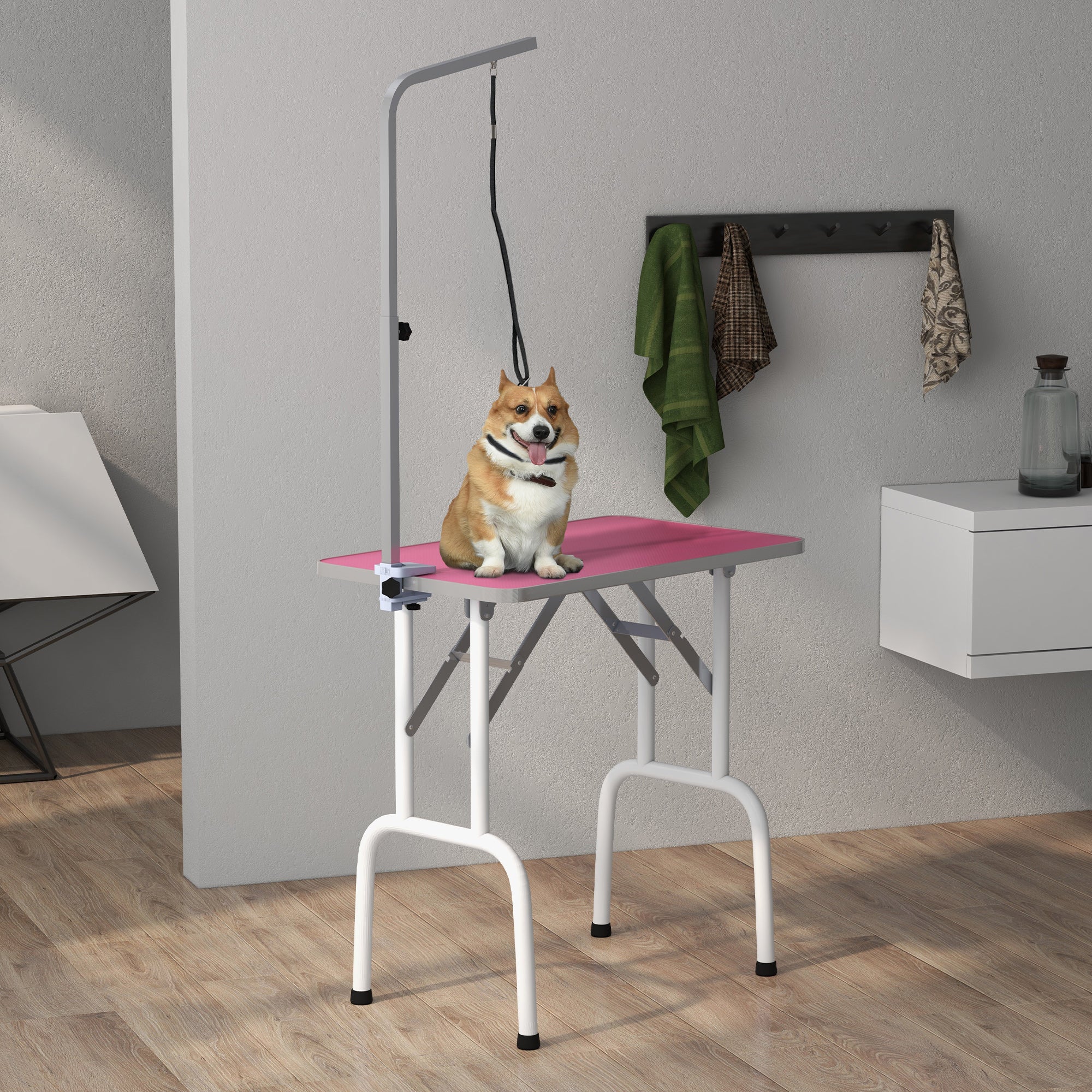 PawHut 32in Foldable Dog Grooming Table for Small Dogs, Pet Grooming Table for Dogs Cats with Adjustable Arm, Non-Slip Surface, Pink