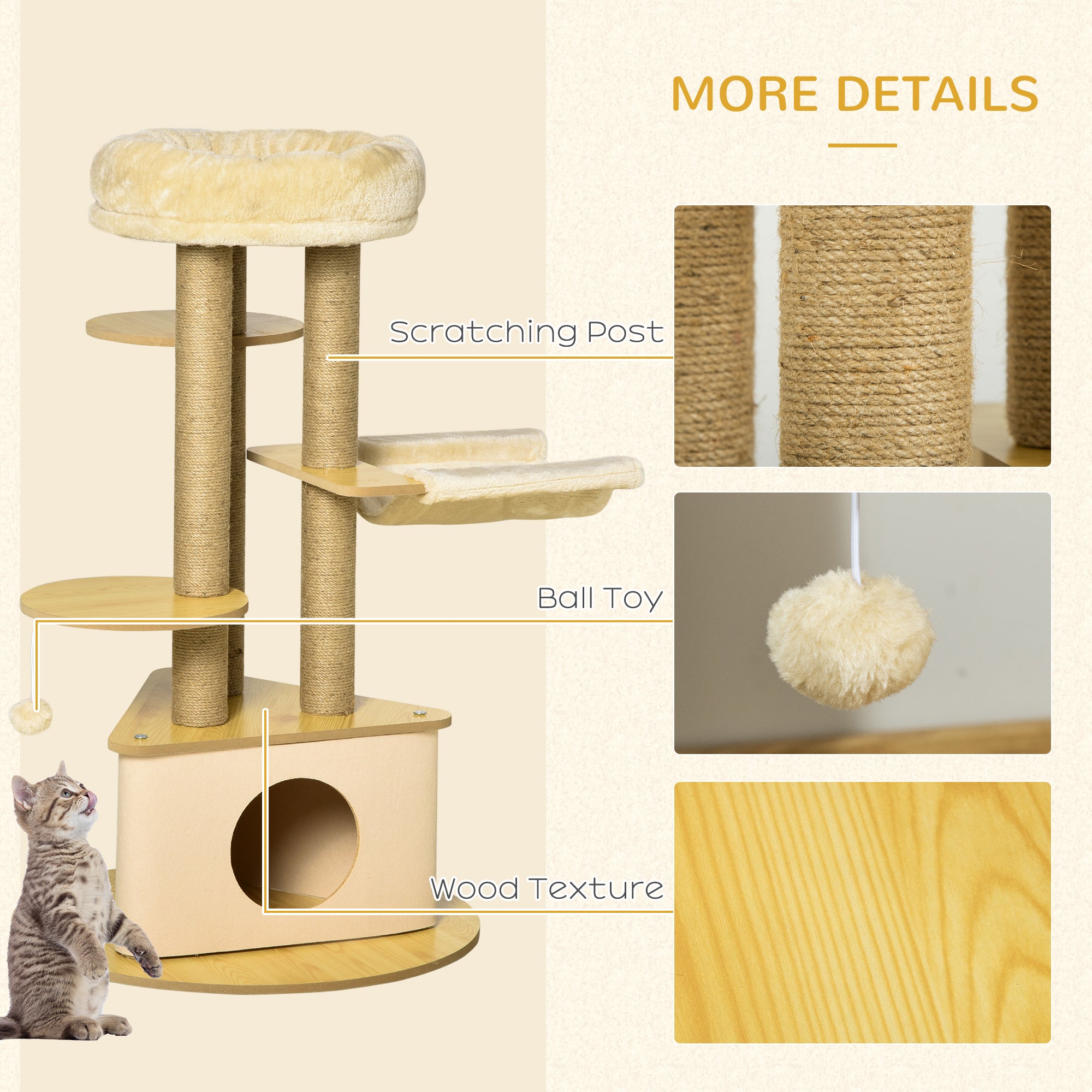 PawHut Cat Tree Tower Multi-Level Kitten House with Scratching Post Condo Hammock Bed Ball Toy - 23.5 x 23.5 x 39 Inches, Yellow