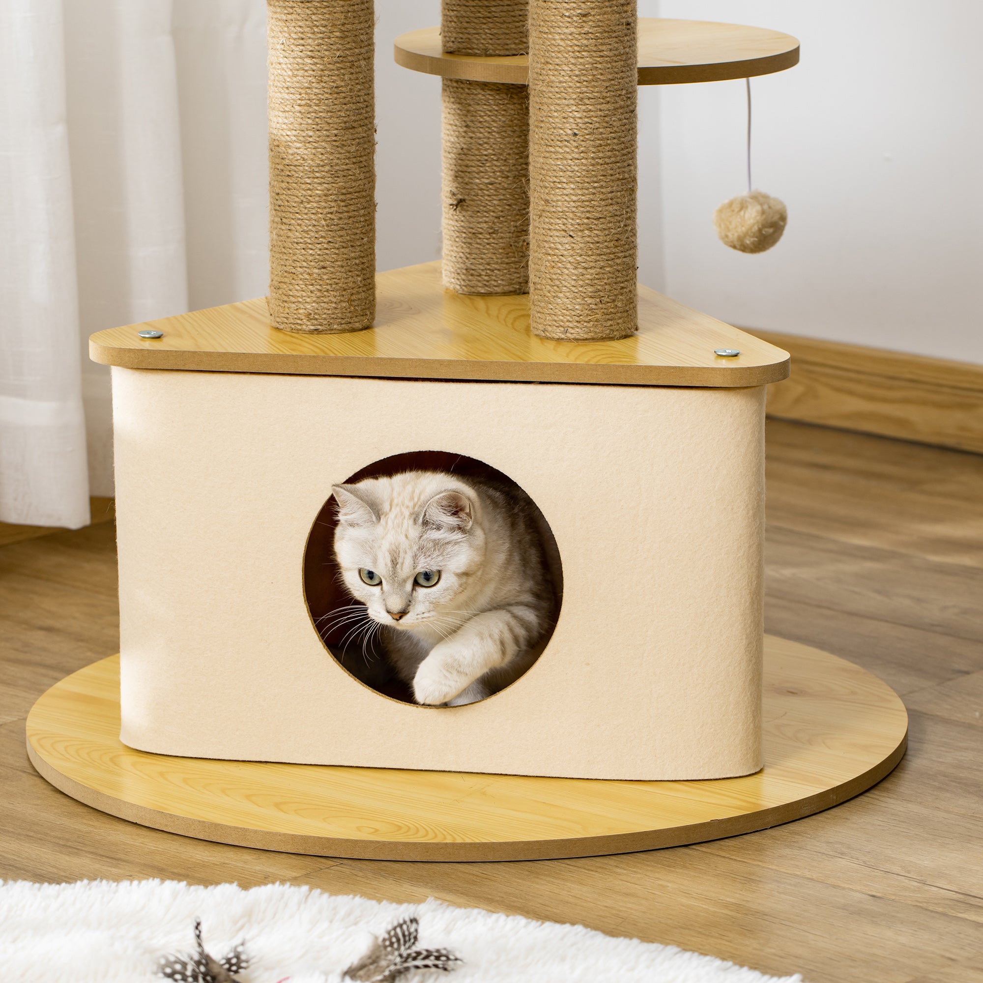 PawHut Cat Tree Tower Multi-Level Kitten House with Scratching Post Condo Hammock Bed Ball Toy - 23.5 x 23.5 x 39 Inches, Yellow
