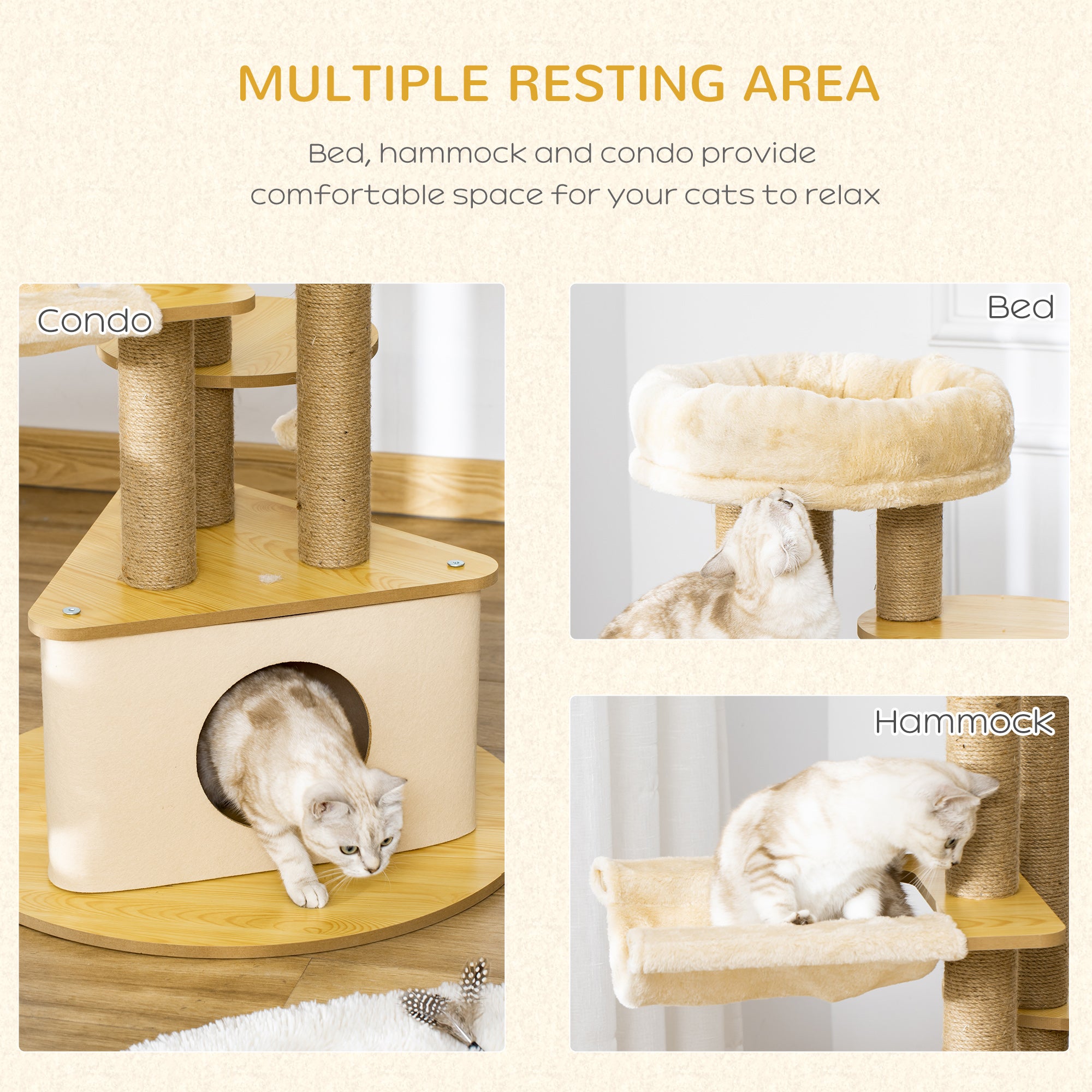 PawHut Cat Tree Tower Multi-Level Kitten House with Scratching Post Condo Hammock Bed Ball Toy - 23.5 x 23.5 x 39 Inches, Yellow