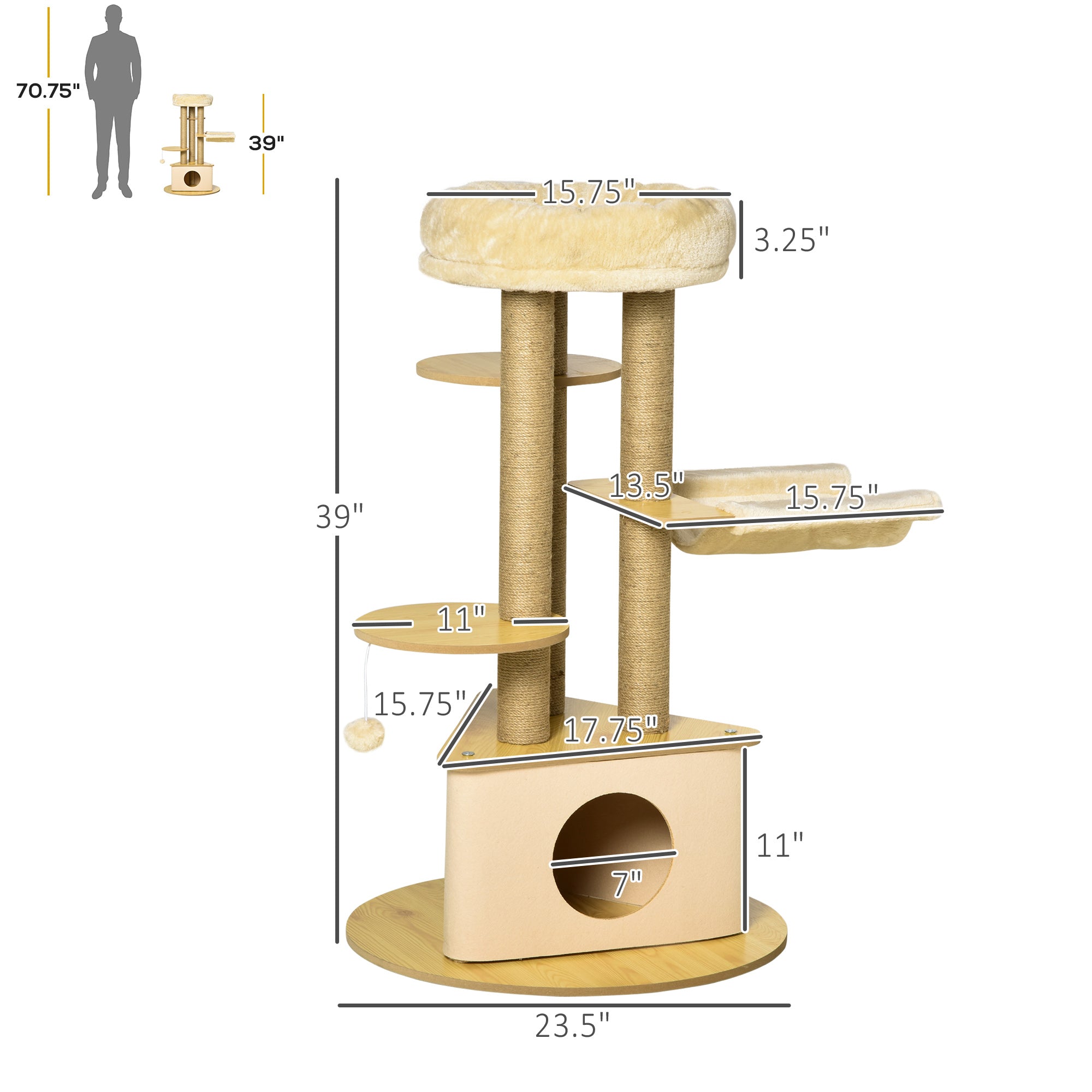 PawHut Cat Tree Tower Multi-Level Kitten House with Scratching Post Condo Hammock Bed Ball Toy - 23.5 x 23.5 x 39 Inches, Yellow