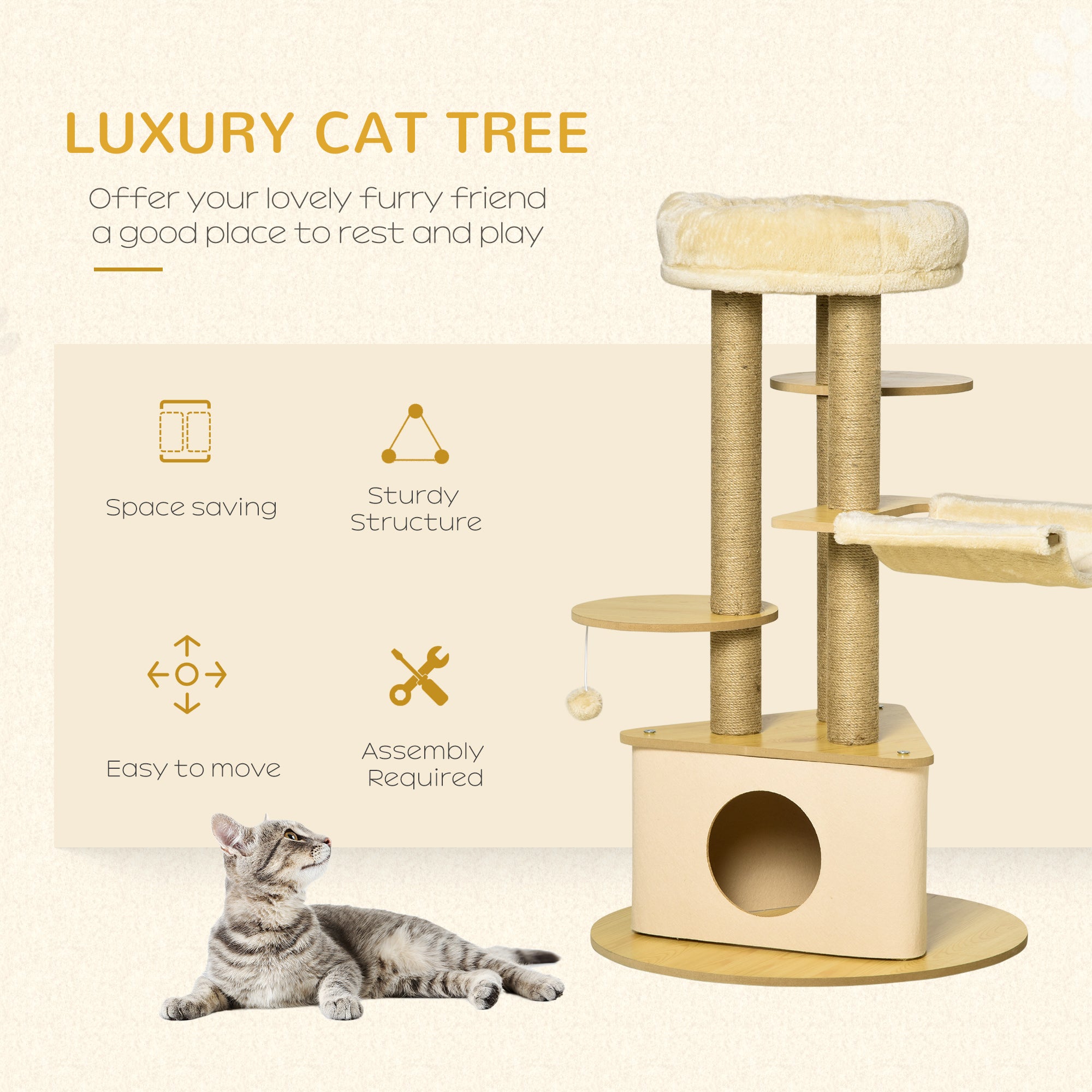 PawHut Cat Tree Tower Multi-Level Kitten House with Scratching Post Condo Hammock Bed Ball Toy - 23.5 x 23.5 x 39 Inches, Yellow
