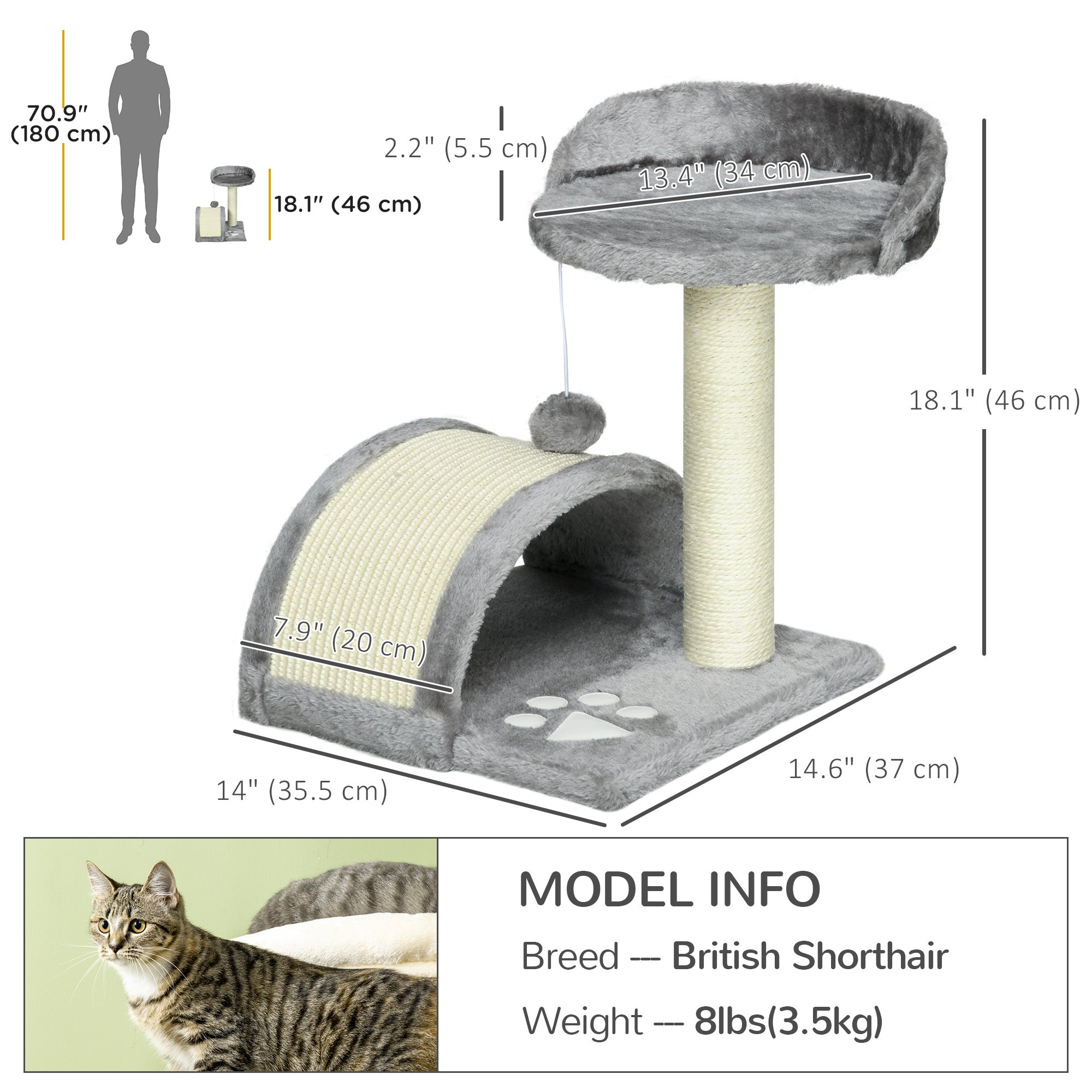 PawHut 18" Cat Scratching Tree Kitty House Kitten Activity Centre Pet Bed Post Furniture with Hanging Toy (Grey)