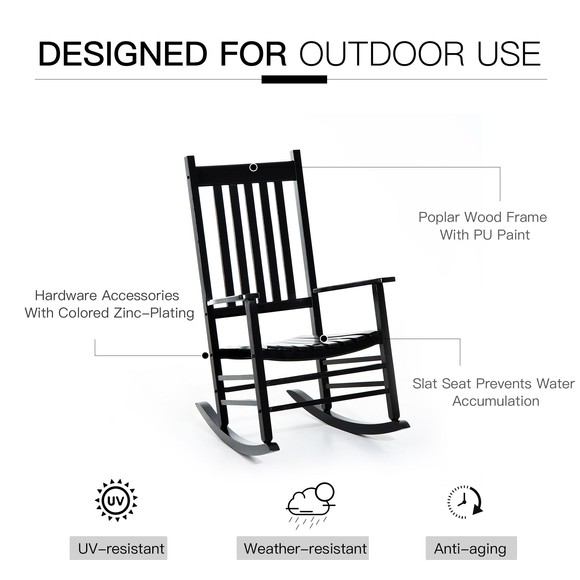 Outsunny Wooden Porch Rocking Chair Outdoor Patio Rocker Garden Single Leisure Reclining Seat Armchair Black