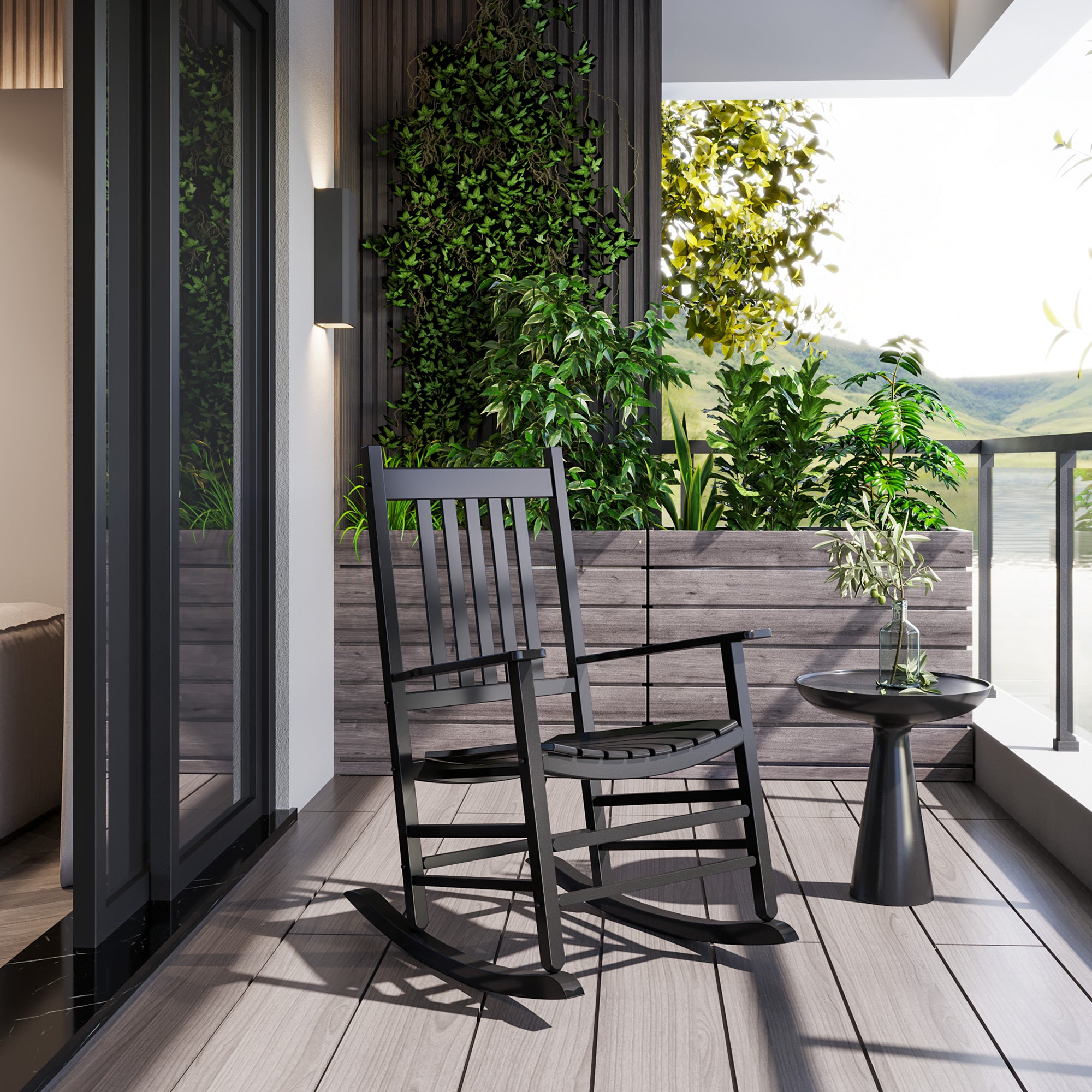 Outsunny Wooden Porch Rocking Chair Outdoor Patio Rocker Garden Single Leisure Reclining Seat Armchair Black