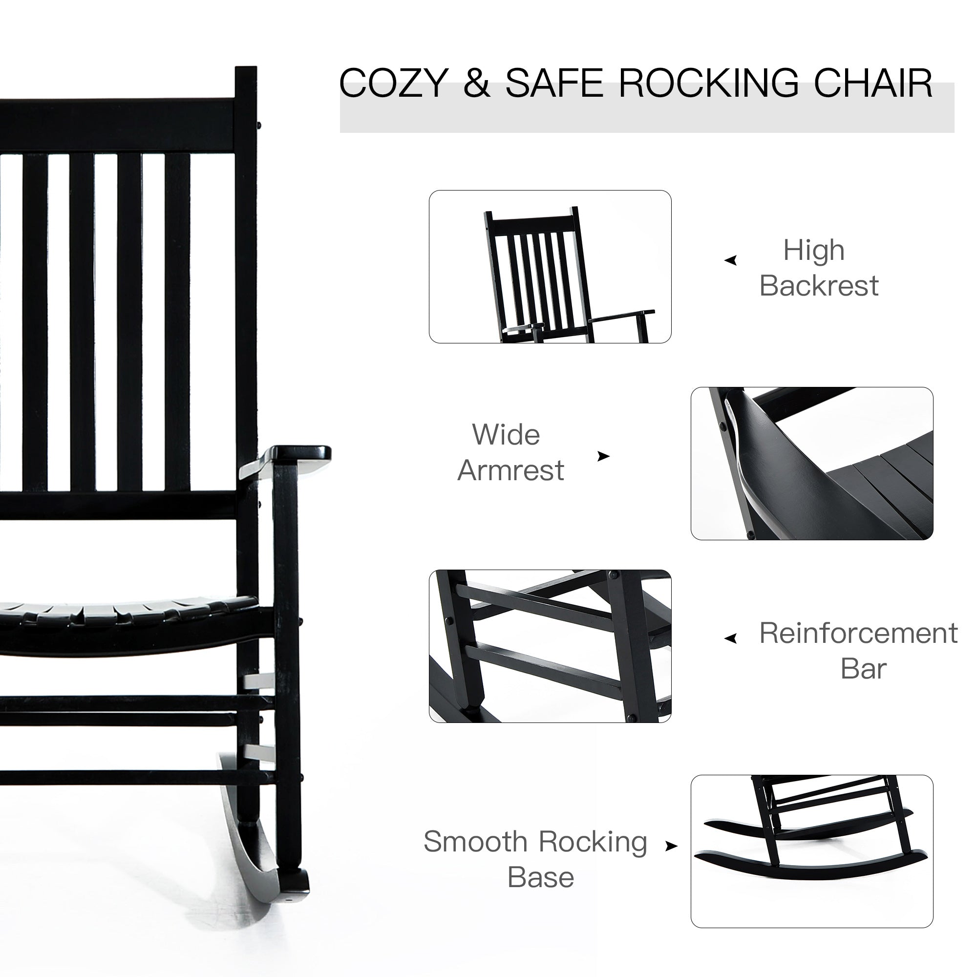 Outsunny Wooden Porch Rocking Chair Outdoor Patio Rocker Garden Single Leisure Reclining Seat Armchair Black