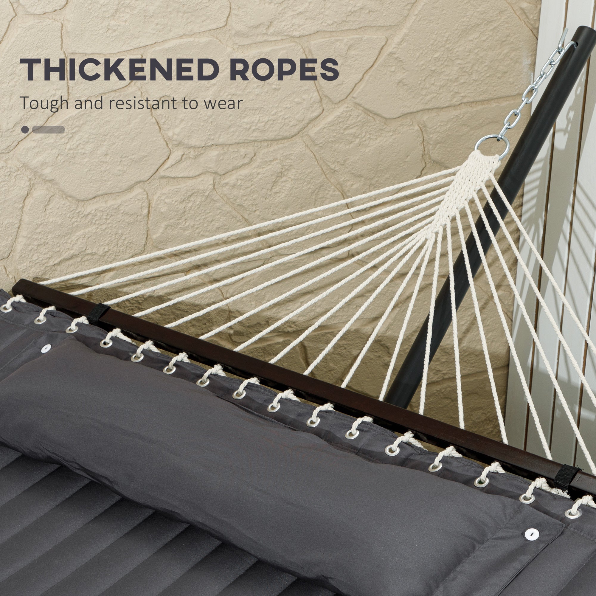 Outsunny Quilted Double Hammock with Stand and Pillow, Heavy Duty 2 Person Hammock with Spreader Bars, Cotton Rope Hammock for Outdoor Camping Beach, Dark Grey