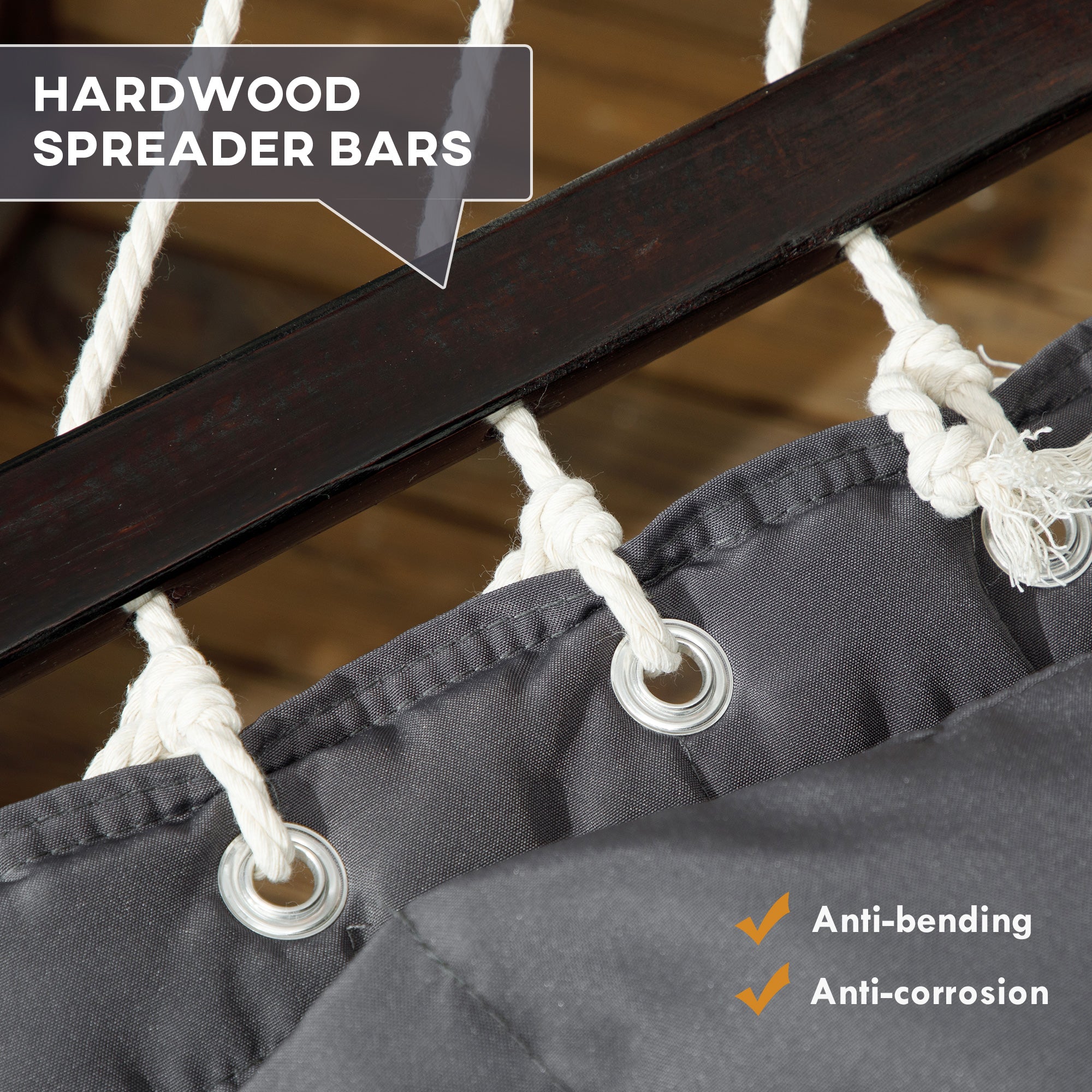 Outsunny Quilted Double Hammock with Stand and Pillow, Heavy Duty 2 Person Hammock with Spreader Bars, Cotton Rope Hammock for Outdoor Camping Beach, Dark Grey