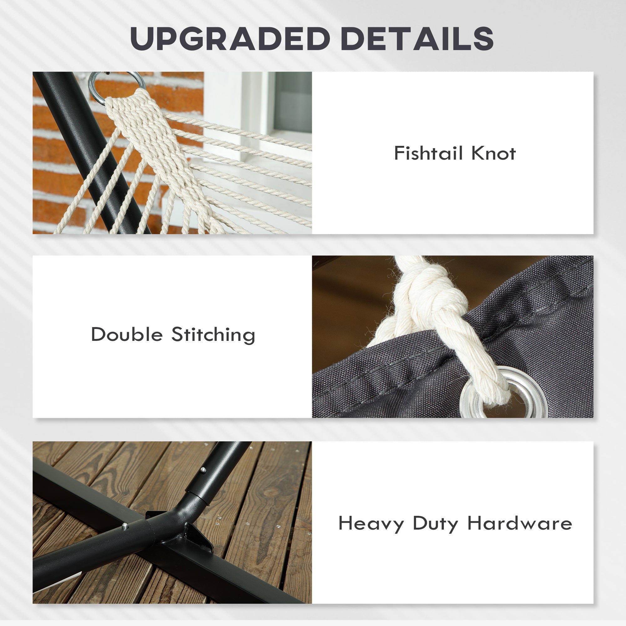 Outsunny Quilted Double Hammock with Stand and Pillow, Heavy Duty 2 Person Hammock with Spreader Bars, Cotton Rope Hammock for Outdoor Camping Beach, Dark Grey