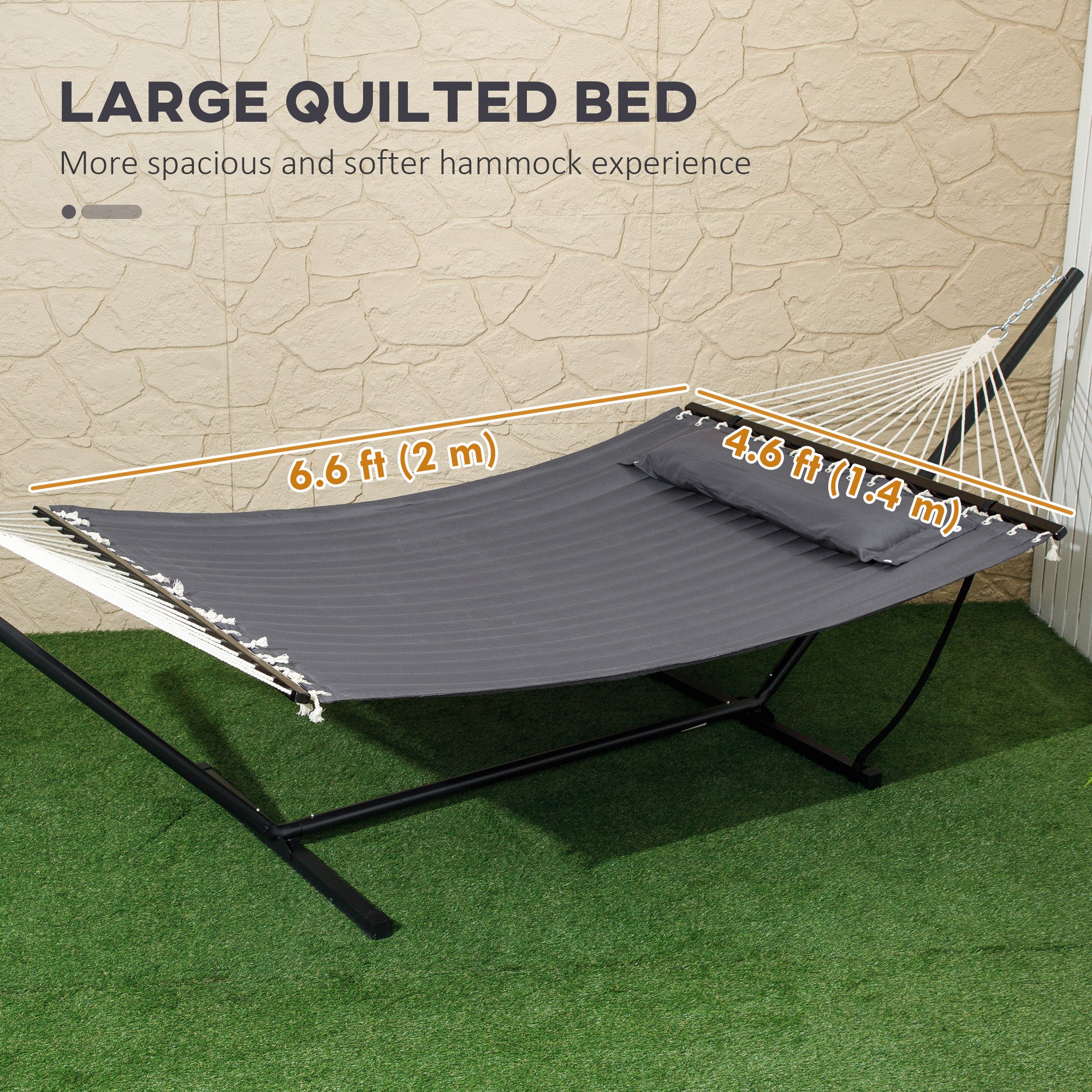 Outsunny Quilted Double Hammock with Stand and Pillow, Heavy Duty 2 Person Hammock with Spreader Bars, Cotton Rope Hammock for Outdoor Camping Beach, Dark Grey