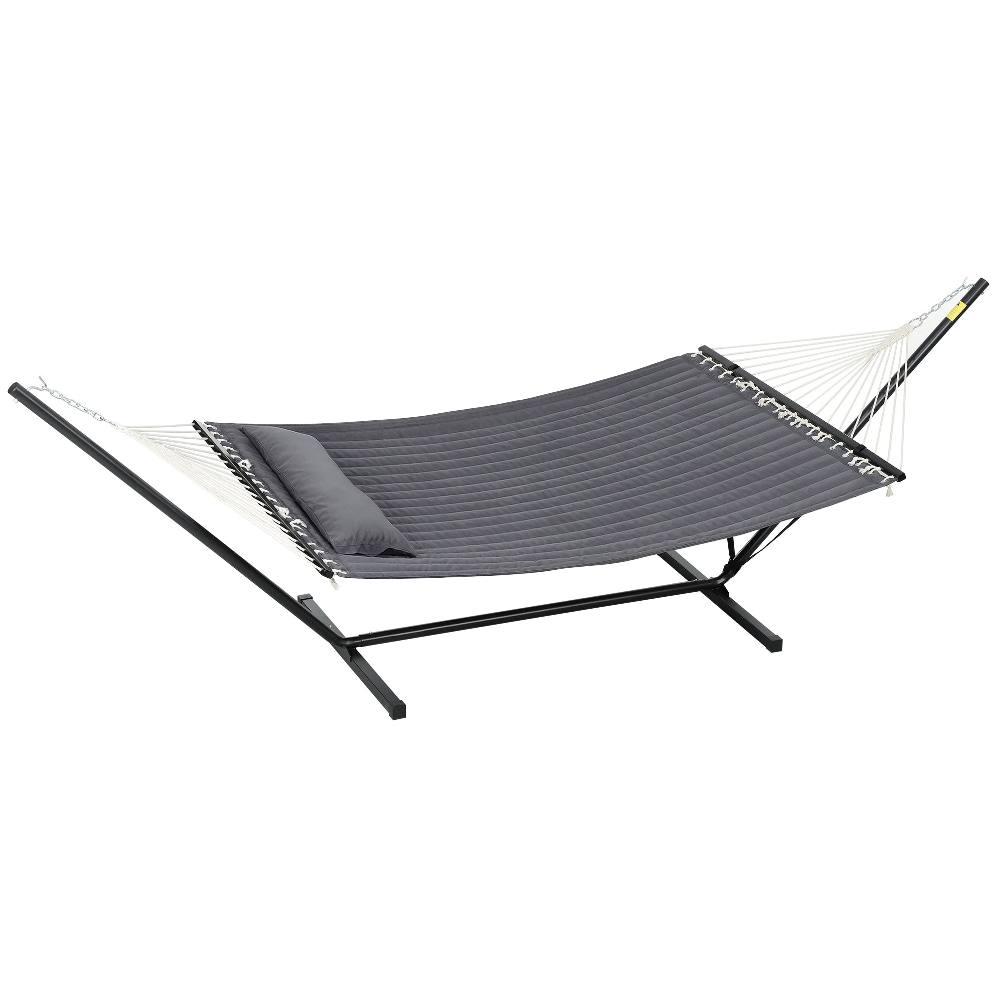 Outsunny Quilted Double Hammock with Stand and Pillow, Heavy Duty 2 Person Hammock with Spreader Bars, Cotton Rope Hammock for Outdoor Camping Beach, Dark Grey