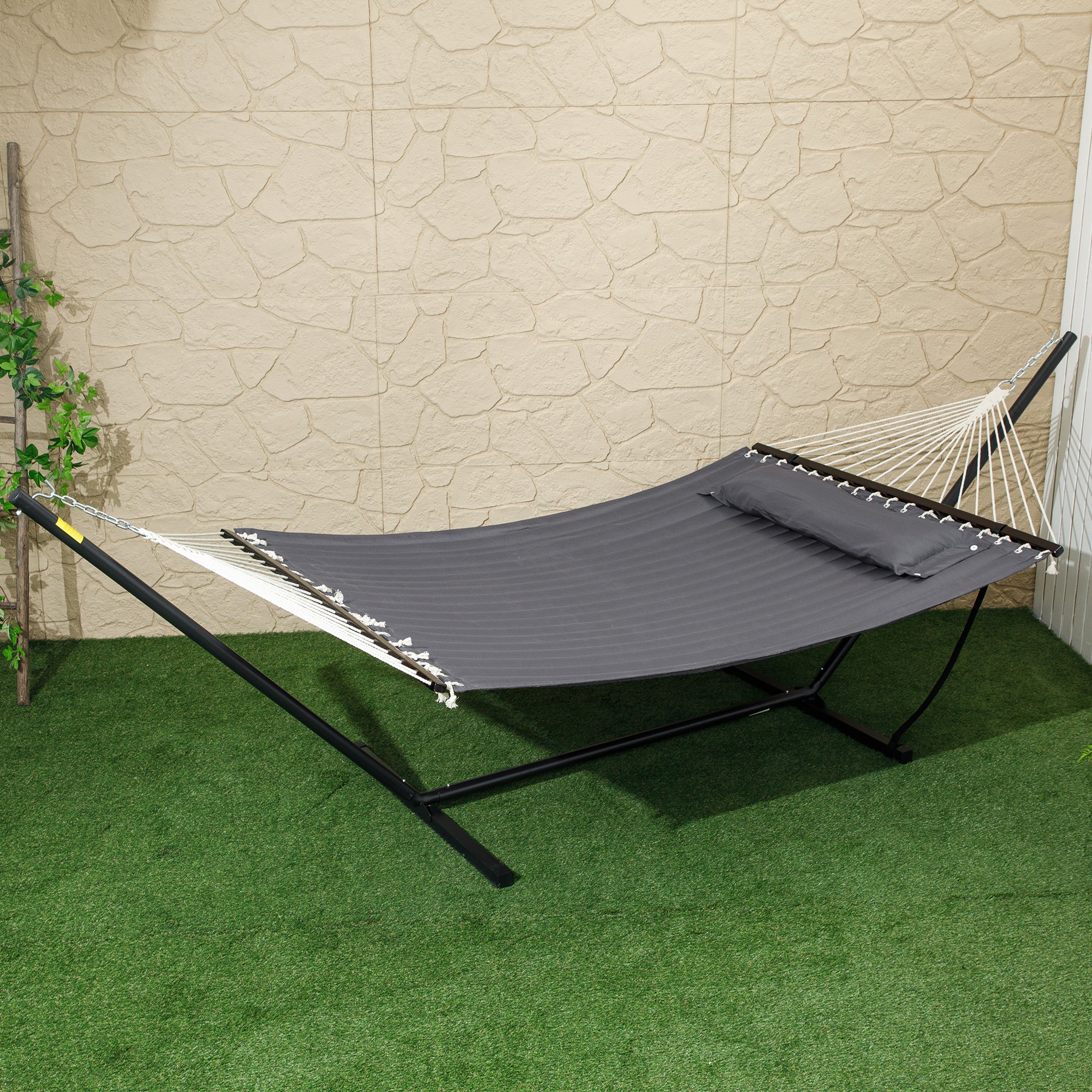 Outsunny Quilted Double Hammock with Stand and Pillow, Heavy Duty 2 Person Hammock with Spreader Bars, Cotton Rope Hammock for Outdoor Camping Beach, Dark Grey
