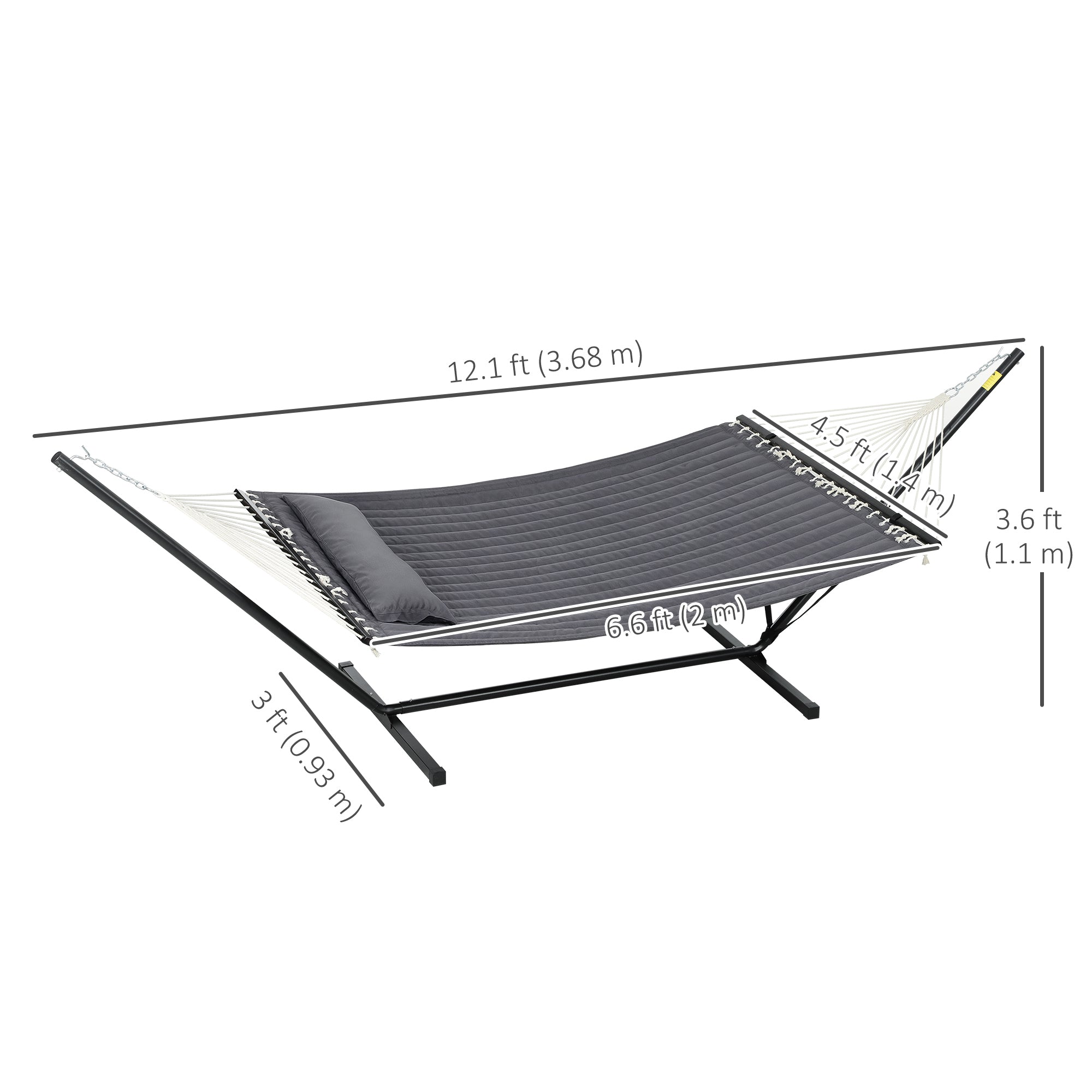 Outsunny Quilted Double Hammock with Stand and Pillow, Heavy Duty 2 Person Hammock with Spreader Bars, Cotton Rope Hammock for Outdoor Camping Beach, Dark Grey