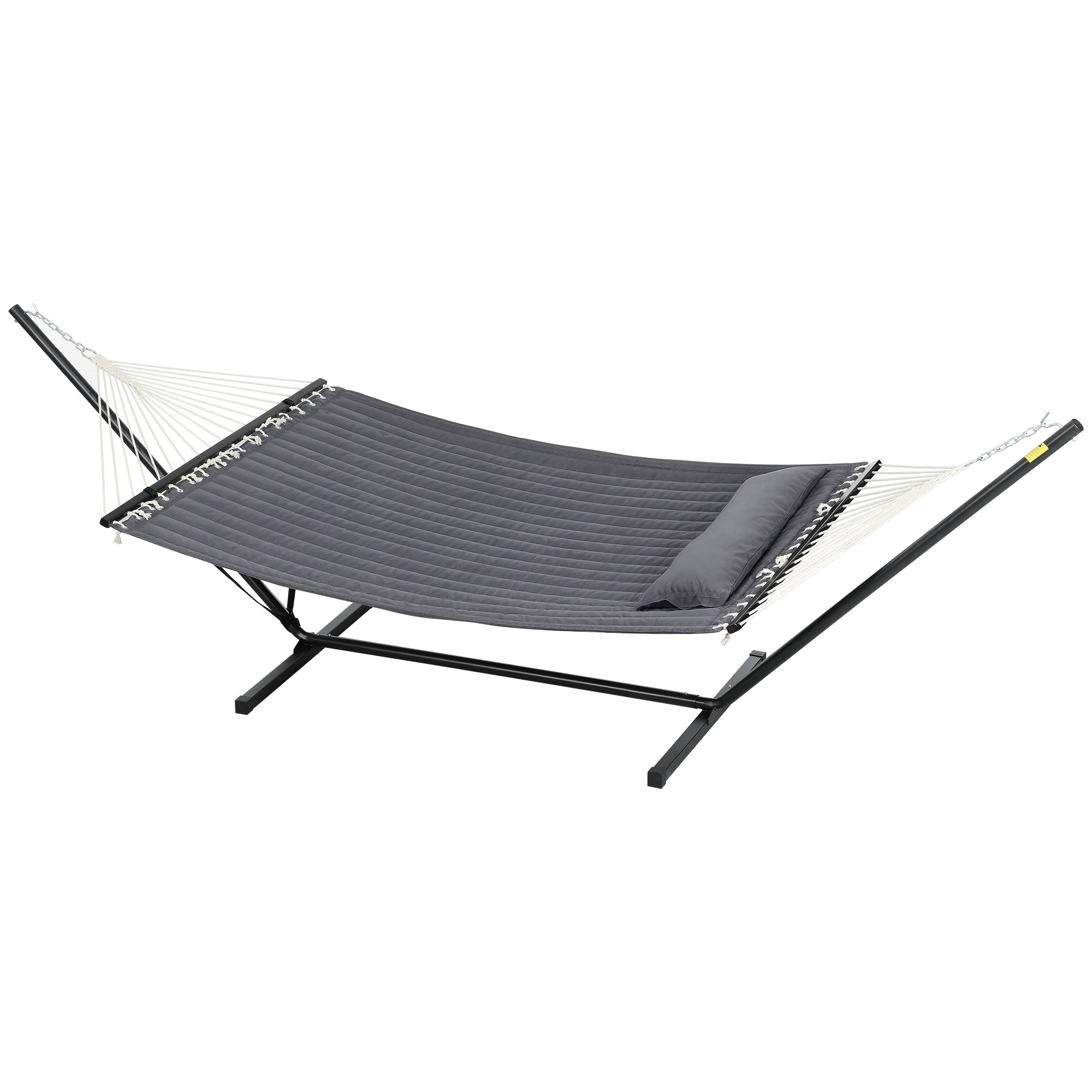 Outsunny Quilted Double Hammock with Stand and Pillow, Heavy Duty 2 Person Hammock with Spreader Bars, Cotton Rope Hammock for Outdoor Camping Beach, Dark Grey