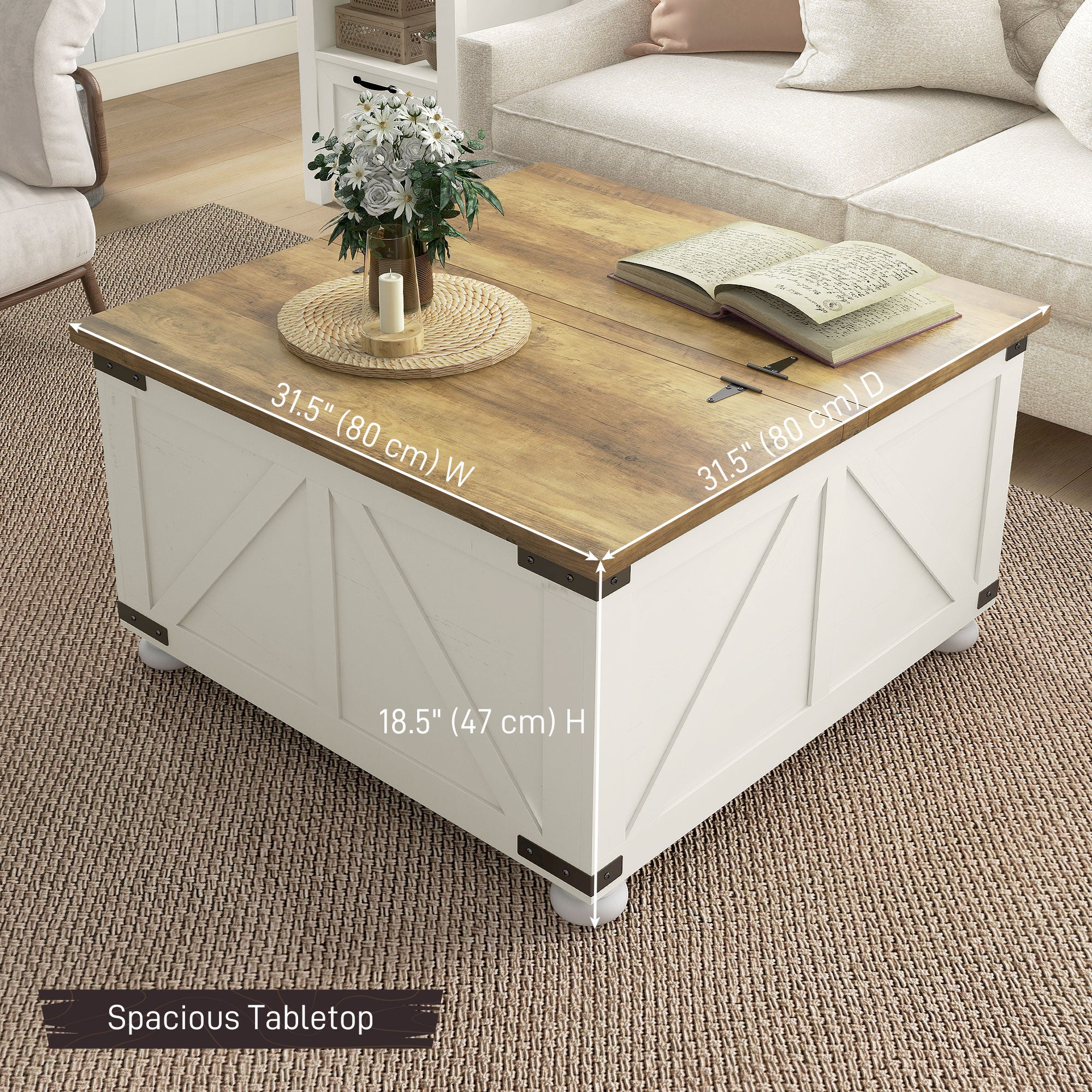 HOMCOM Farmhouse Coffee Table, Square Center Table with Flip-top Lids, Living Room Table with Hidden Storage Compartment and Wooden Legs, Antique White