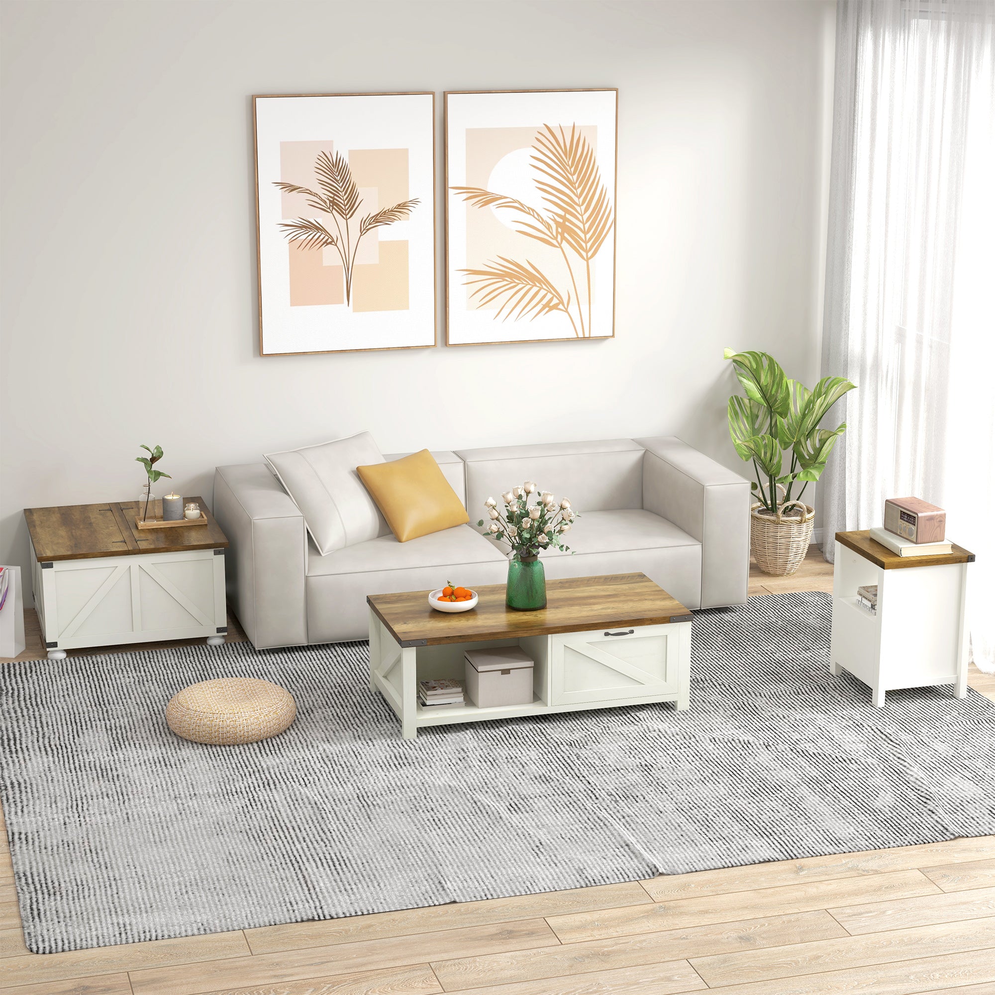 HOMCOM Farmhouse Coffee Table, Square Center Table with Flip-top Lids, Living Room Table with Hidden Storage Compartment and Wooden Legs, Antique White