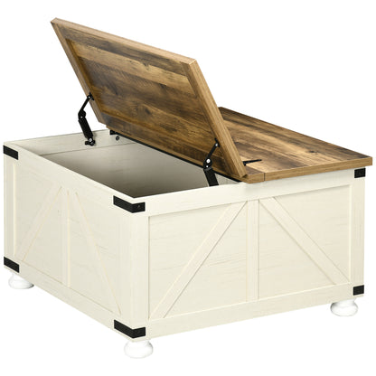 HOMCOM Farmhouse Coffee Table, Square Center Table with Flip-top Lids, Living Room Table with Hidden Storage Compartment and Wooden Legs, Antique White