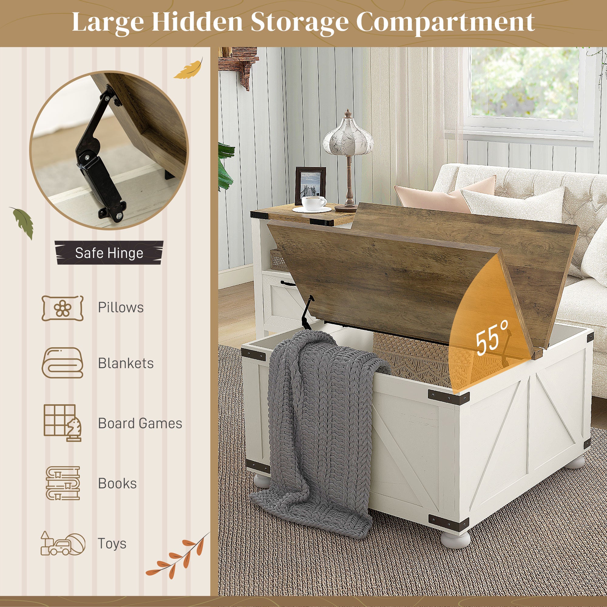 HOMCOM Farmhouse Coffee Table, Square Center Table with Flip-top Lids, Living Room Table with Hidden Storage Compartment and Wooden Legs, Antique White