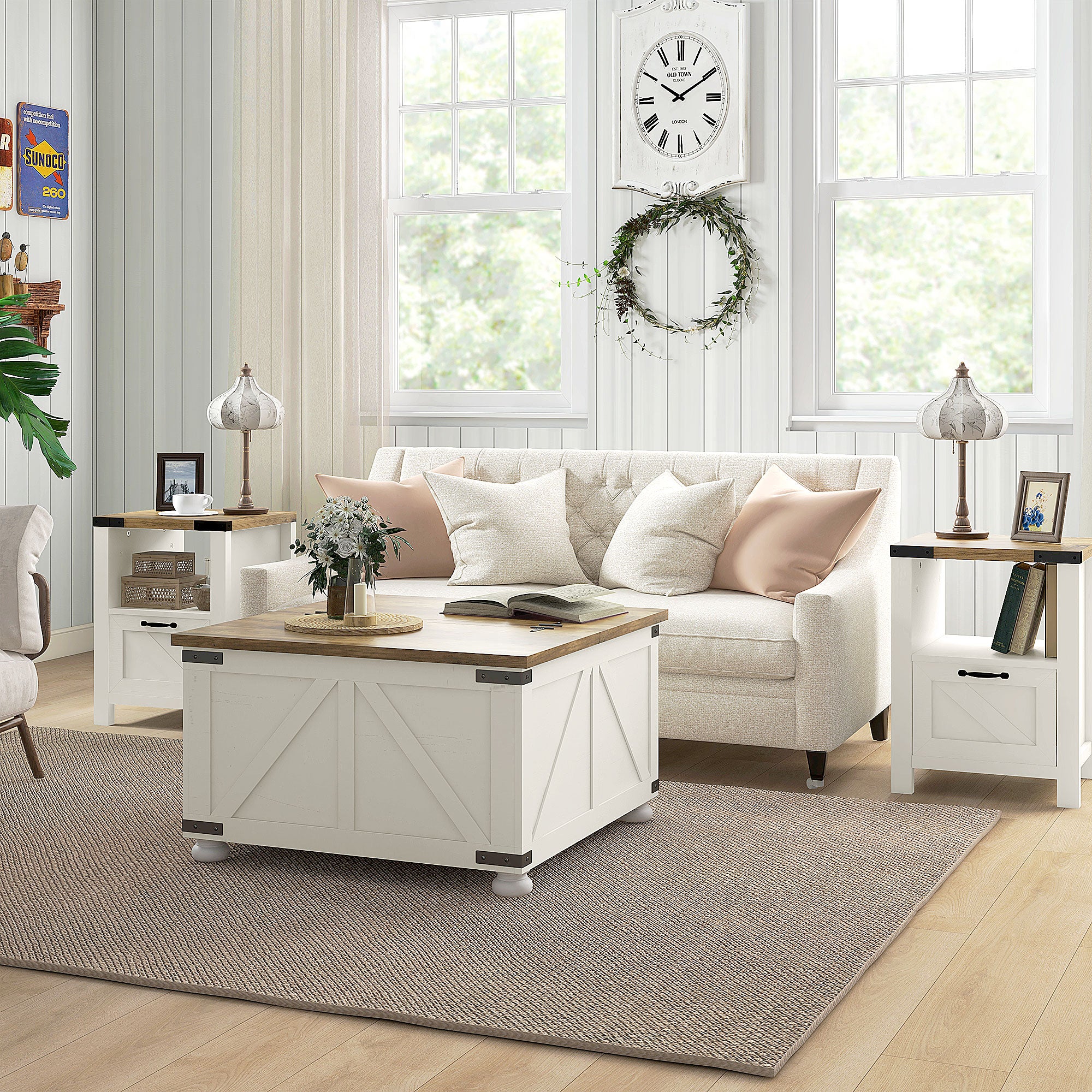 HOMCOM Farmhouse Coffee Table, Square Center Table with Flip-top Lids, Living Room Table with Hidden Storage Compartment and Wooden Legs, Antique White