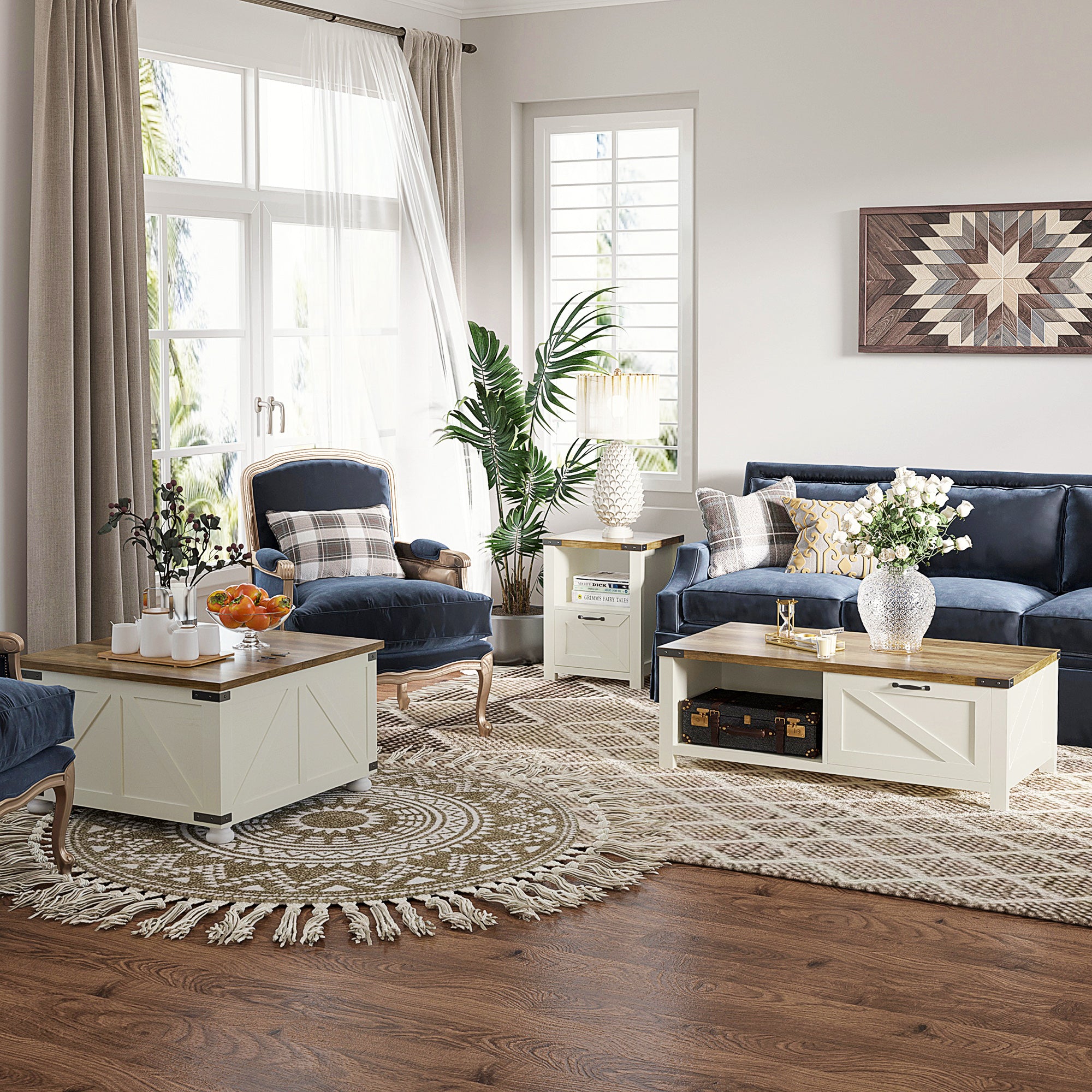 HOMCOM Farmhouse Coffee Table, Square Center Table with Flip-top Lids, Living Room Table with Hidden Storage Compartment and Wooden Legs, Antique White