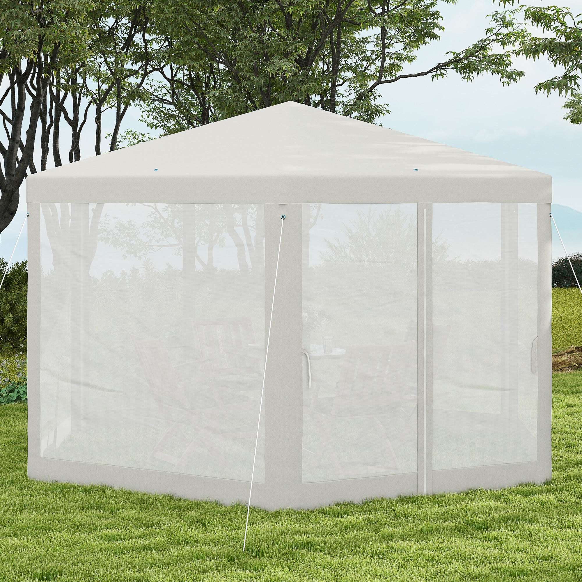 Outsunny Φ13' Hexagon Party Tent Patio Gazebo Outdoor Activity Event Canopy Quick Sun Shelter Pavilion with Netting Mesh Sidewall Cream White